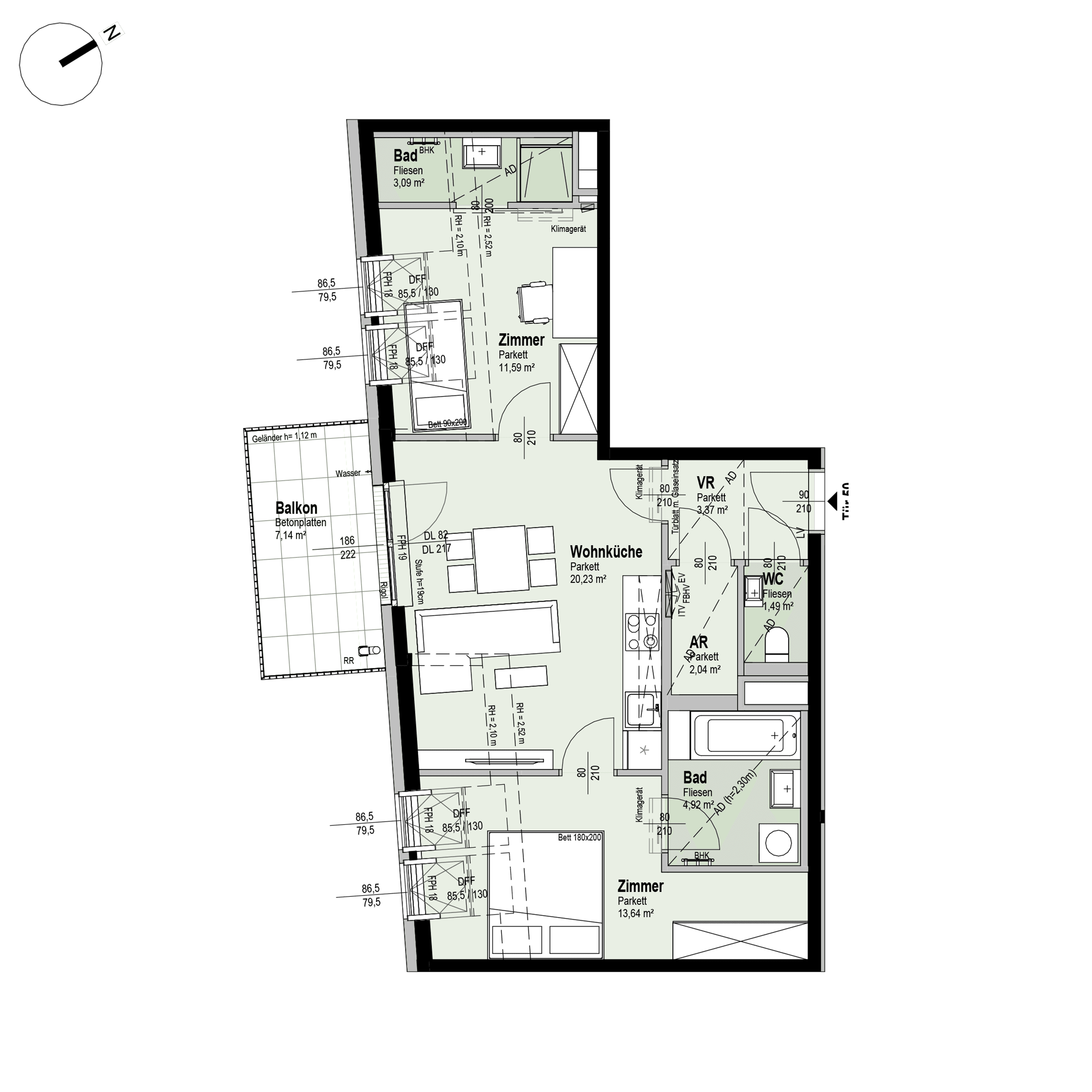 Grundriss Top 2/50 — Fahrbachgasse 6-8 — 3 Zimmer — 60,4 m² — 1st attic floor — O, S