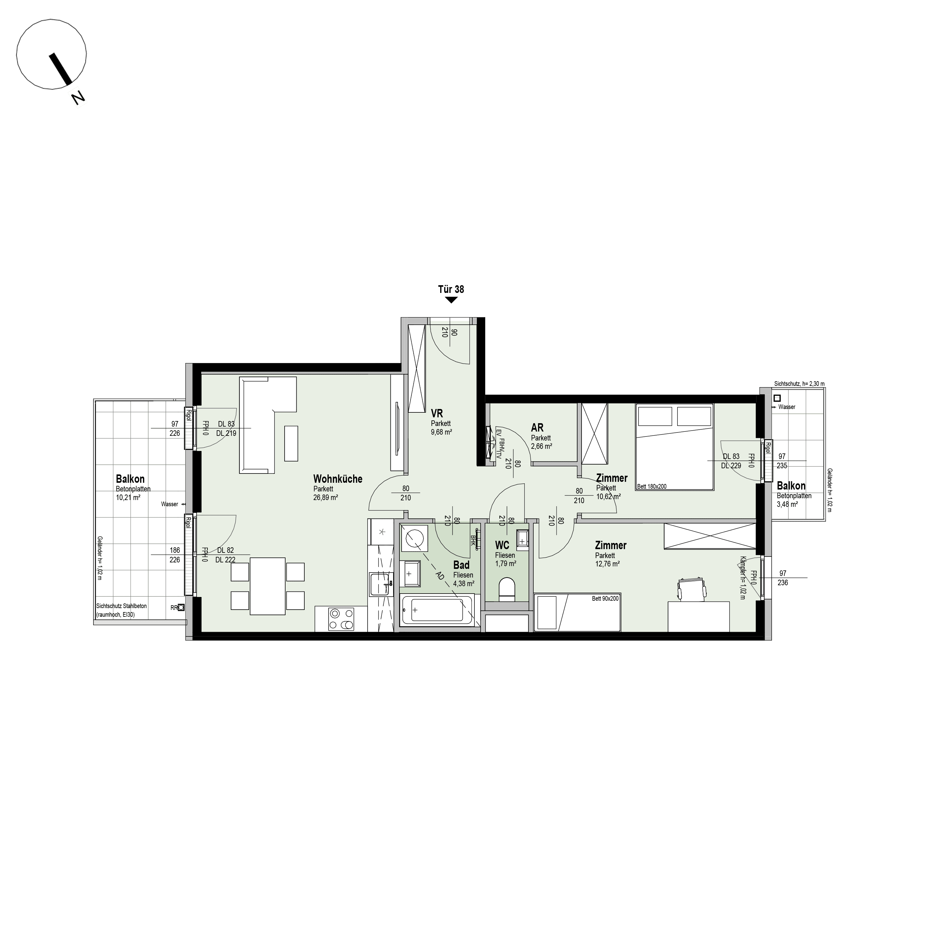Grundriss Top 2/38 — Fahrbachgasse 6-8 — 3 Zimmer — 68,8 m² — 4th floor — O, W