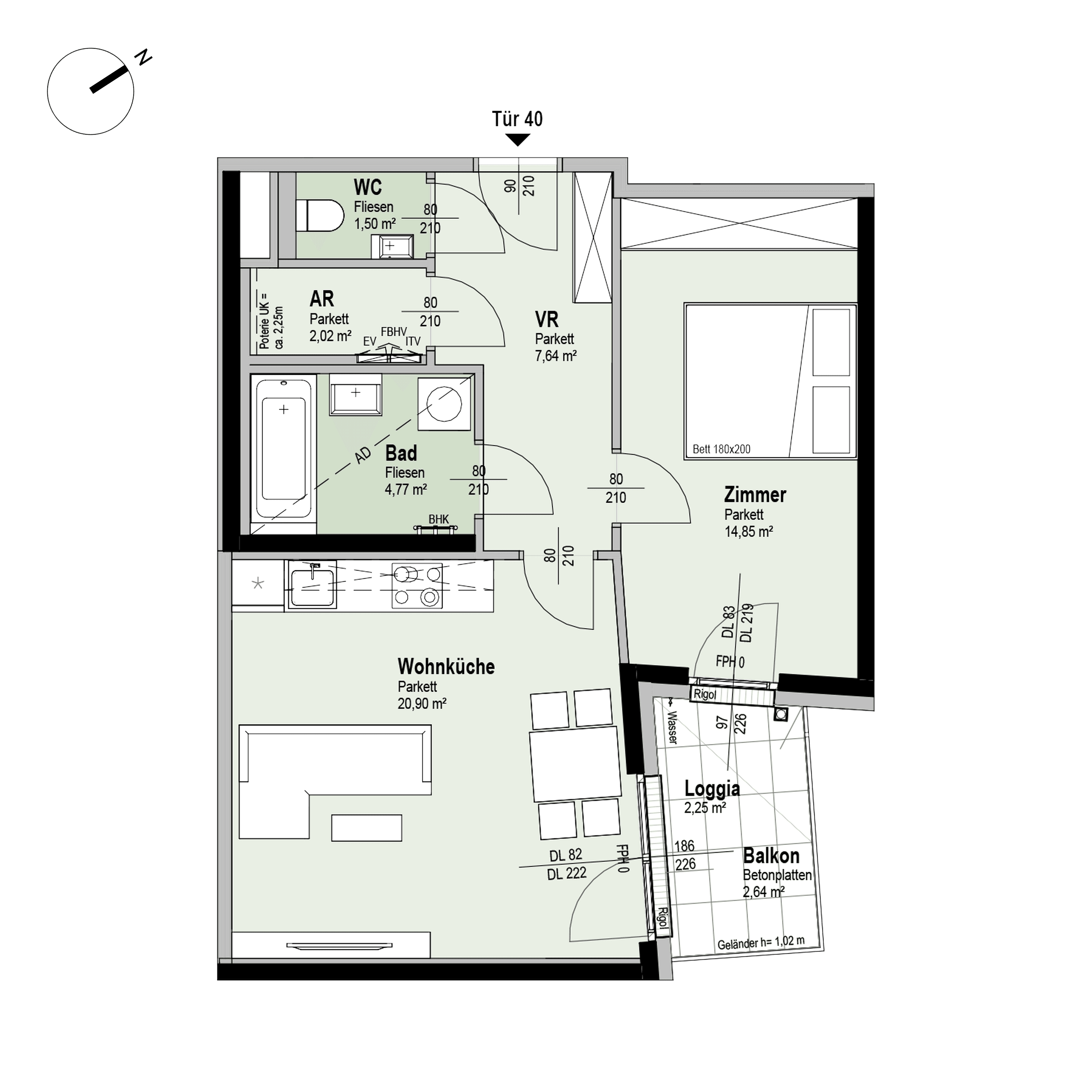 Grundriss Top 2/40 — Fahrbachgasse 6-8 — 2 Zimmer — 53,9 m² — 4th floor — O