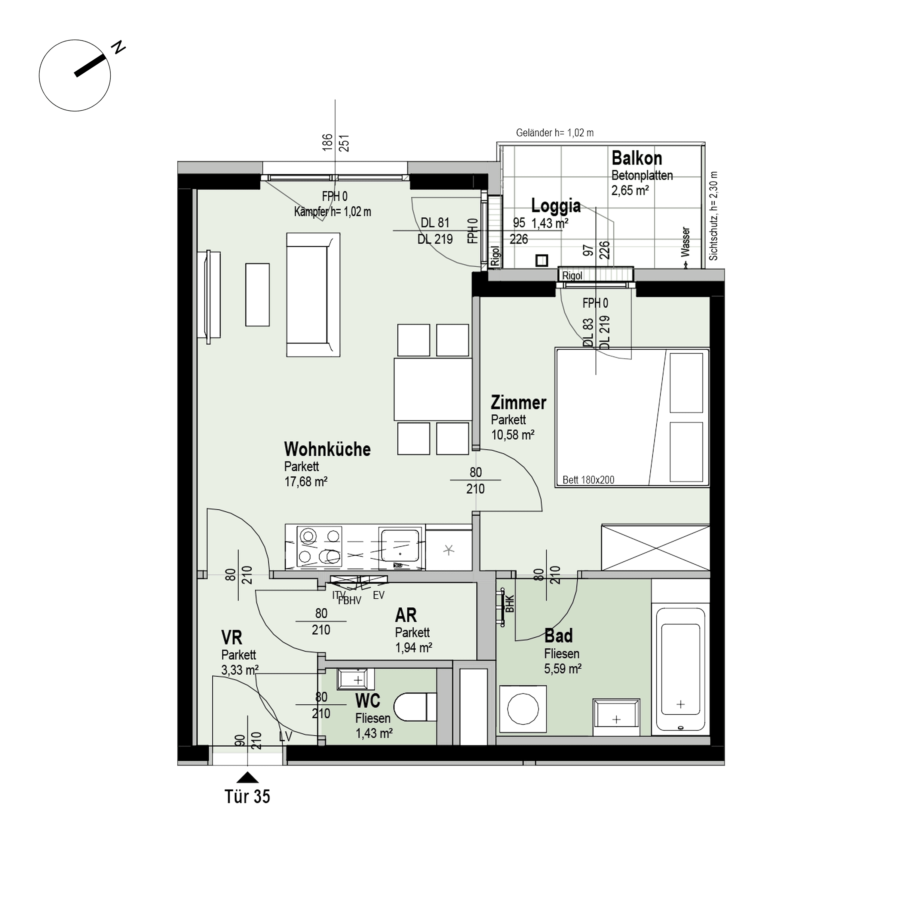 Grundriss Top 2/35 — Fahrbachgasse 6-8 — 2 Zimmer — 42 m² — 4th floor — W
