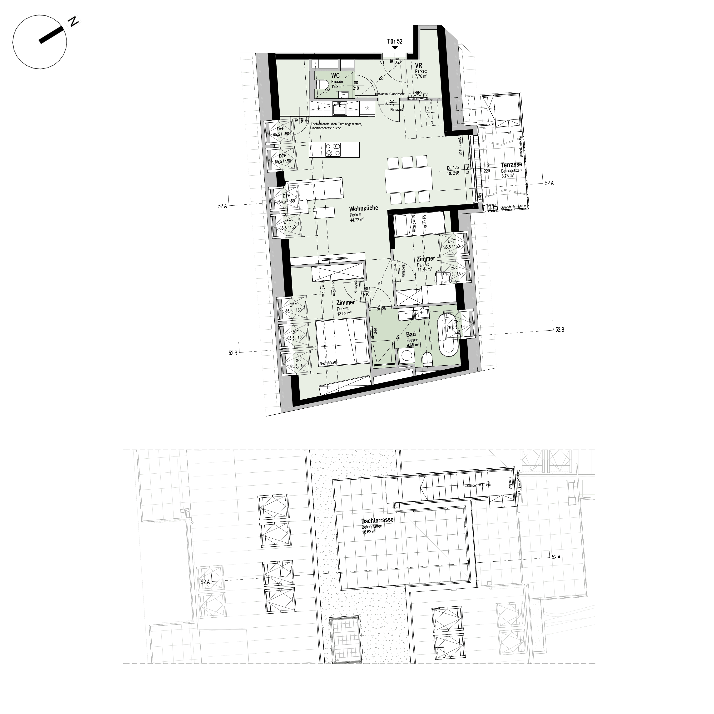 Grundriss Top 2/52 — Fahrbachgasse 6-8 — 3 Zimmer — 98,2 m² — 2nd attic floor — O, W