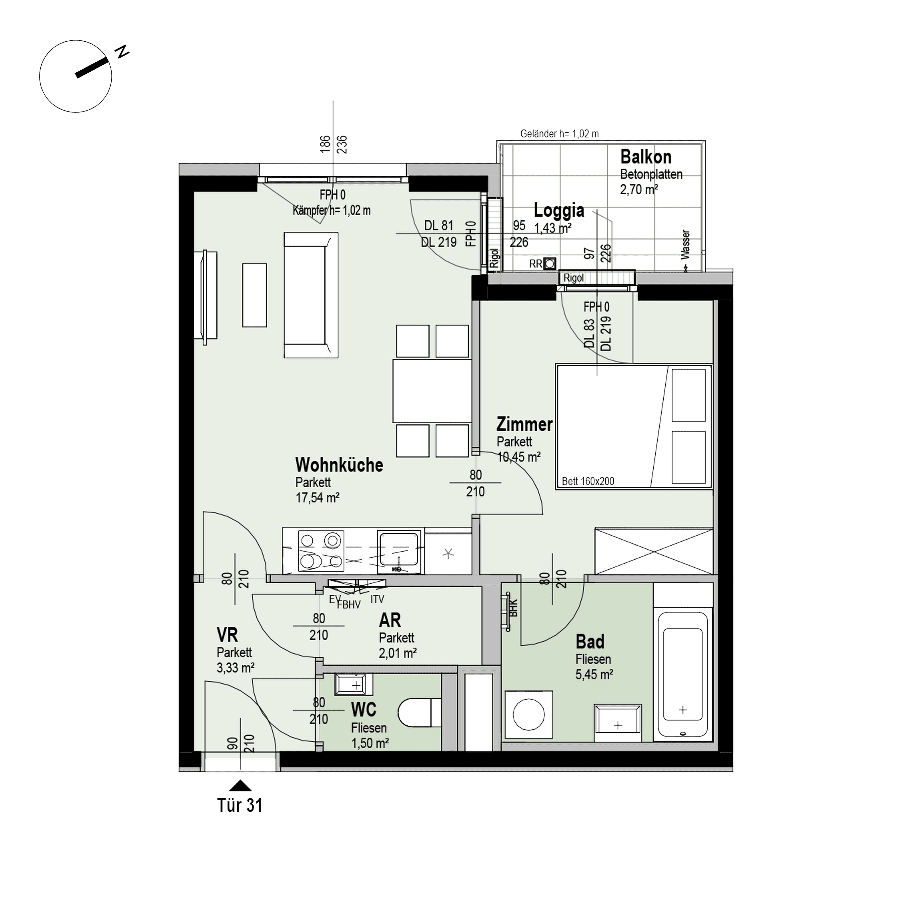 Grundriss Top 1/31 — Fahrbachgasse 6-8 — 2 Zimmer — 41,7 m² — 4th floor — W