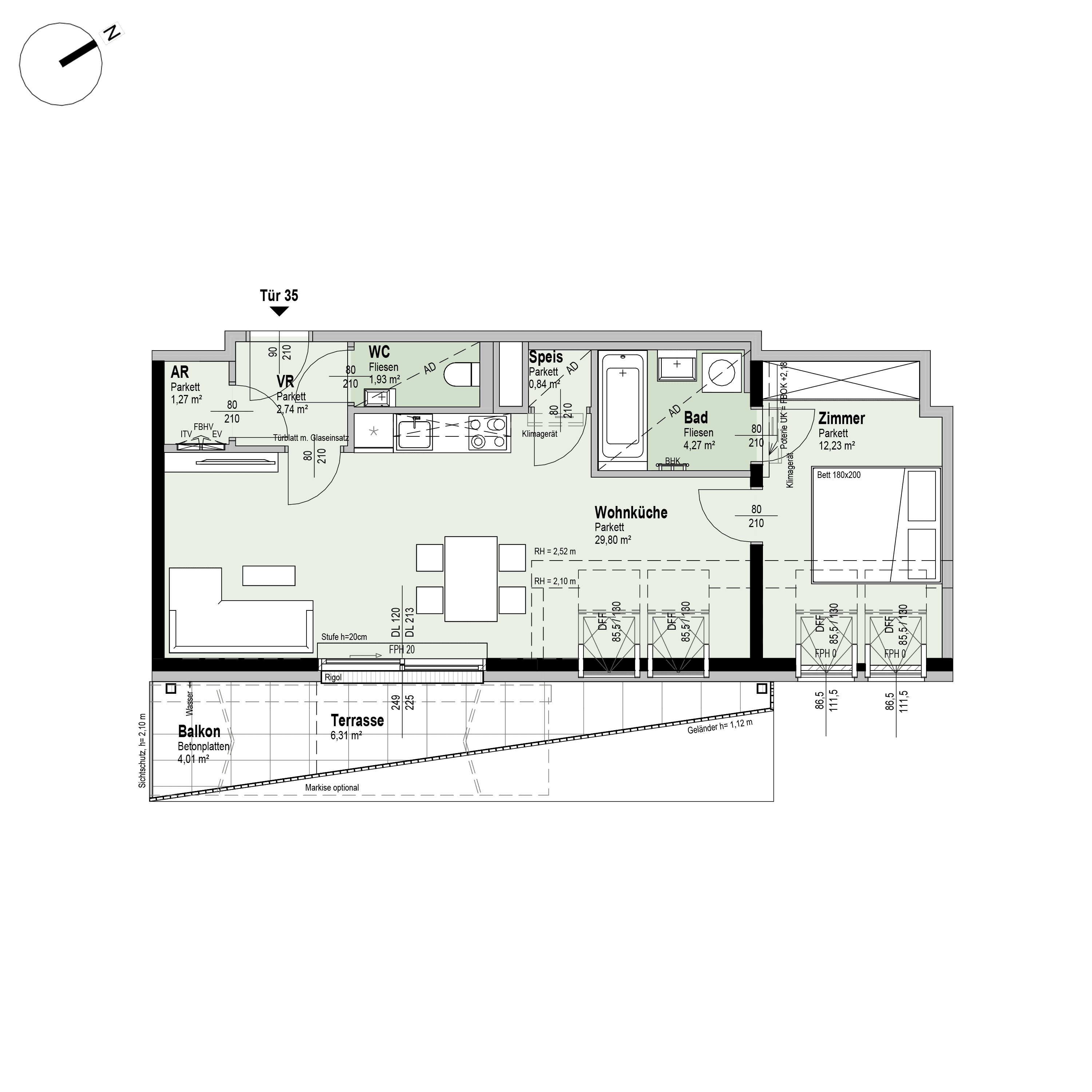 Grundriss Top 1/35 — Fahrbachgasse 6-8 — 2 Zimmer — 53,1 m² — 1st attic floor — O, S