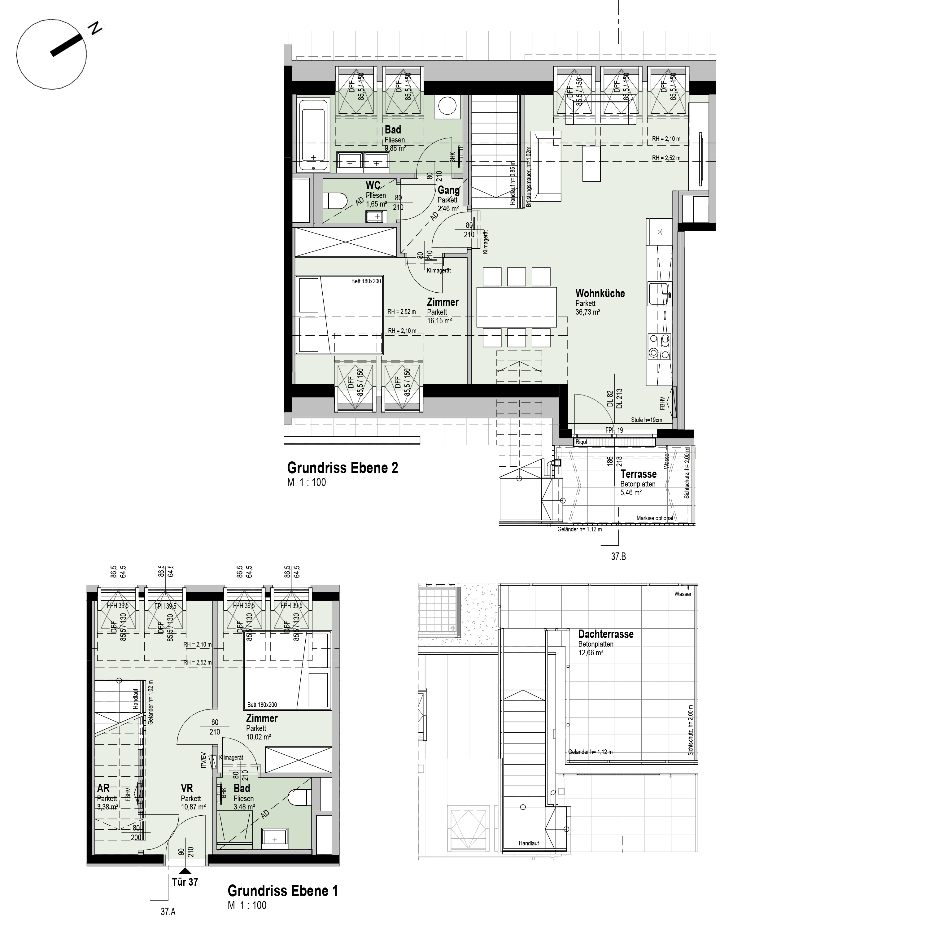 Grundriss Top 1/37 — Fahrbachgasse 6-8 — 3 Zimmer — 94,6 m² — 1st attic floor / 2nd attic floor — O, W