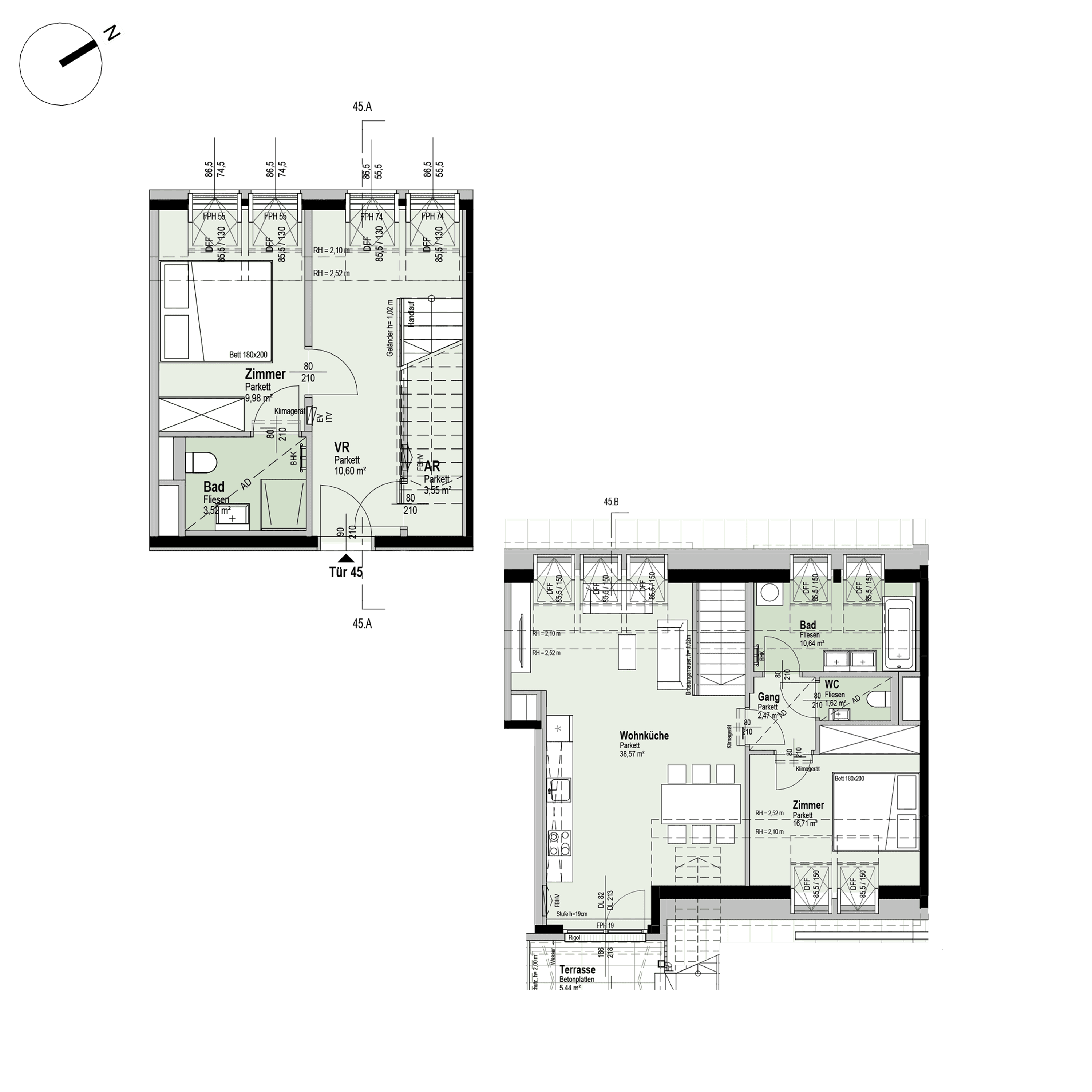 Grundriss Top 2/45 — Fahrbachgasse 6-8 — 3 Zimmer — 98,3 m² — 1st attic floor / 2nd attic floor — W