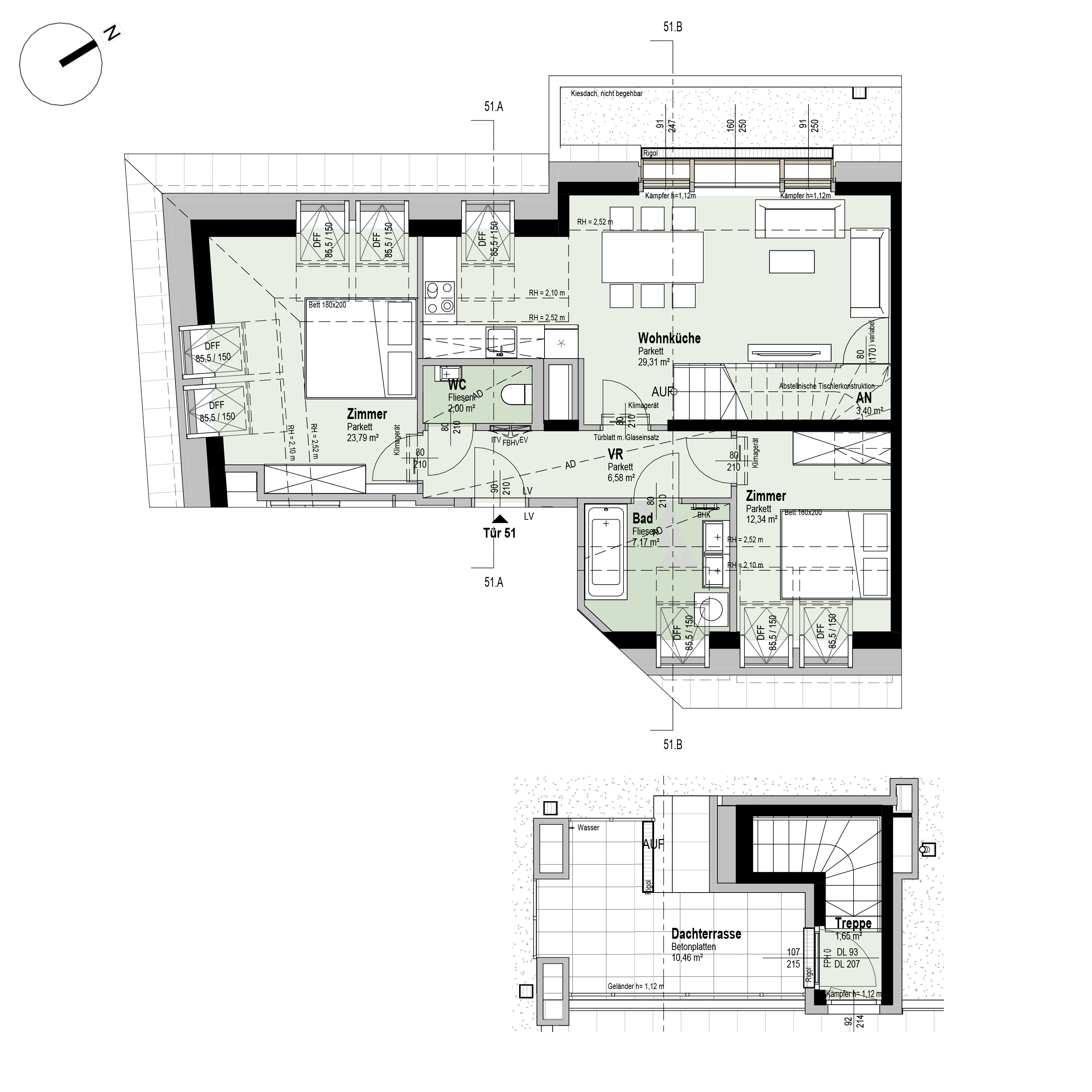 Grundriss Top 2/51 — Fahrbachgasse 6-8 — 3 Zimmer — 86,2 m² — 2nd attic floor — O, W
