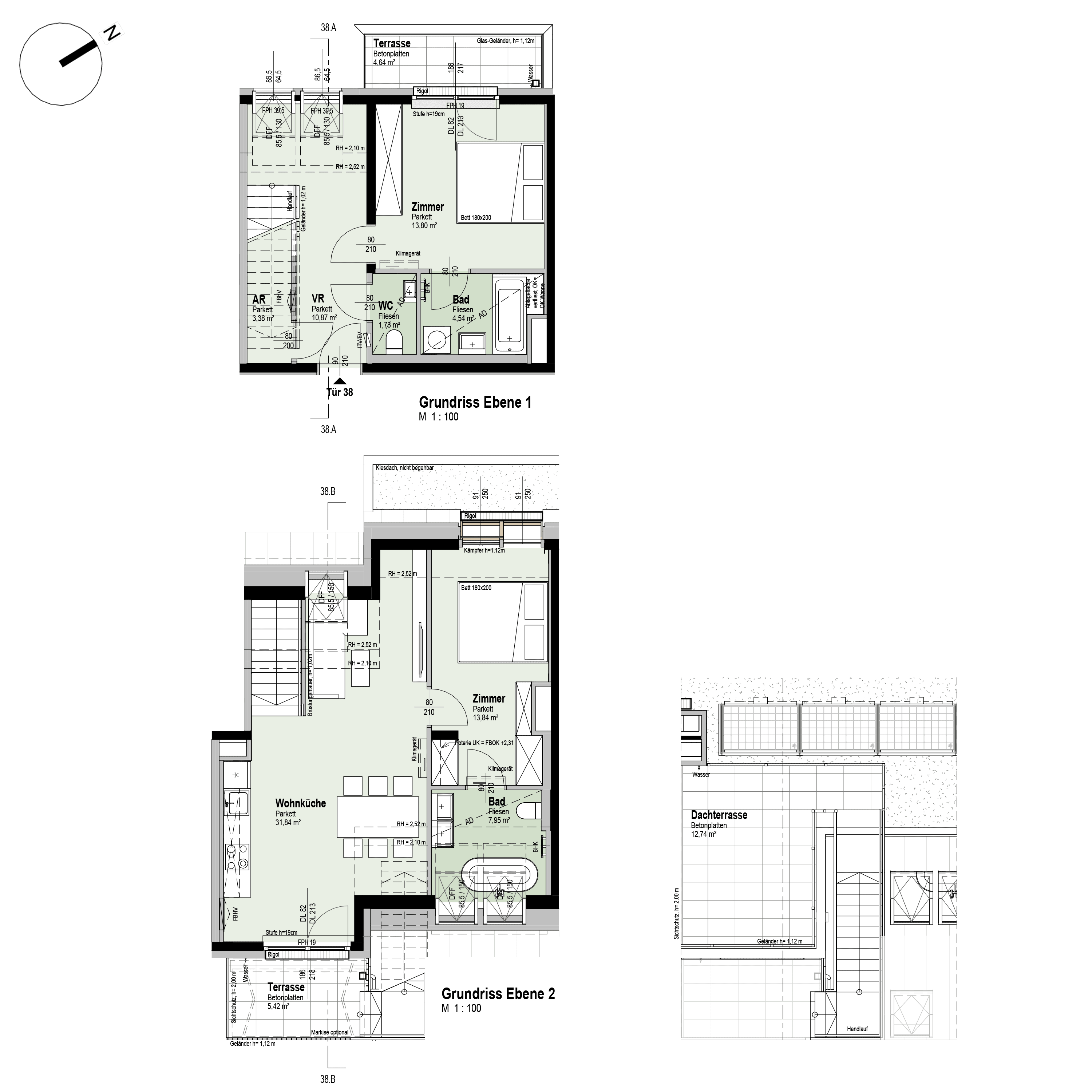 Grundriss Top 1/38 — Fahrbachgasse 6-8 — 3 Zimmer — 88 m² — 1st attic floor / 2nd attic floor — O, W