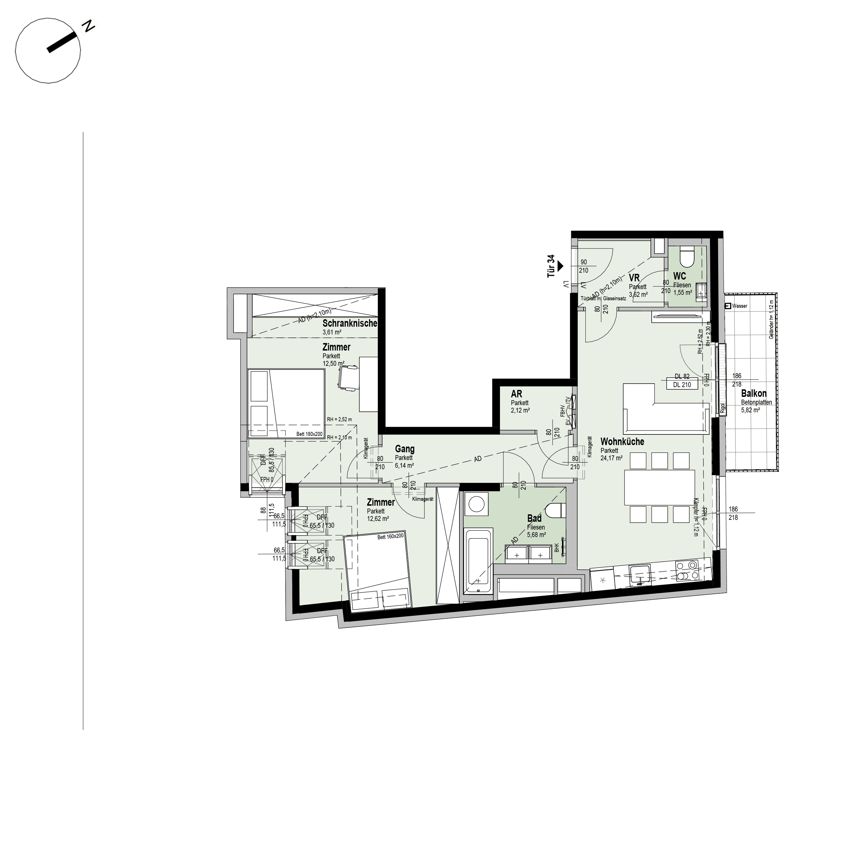 Grundriss Top 1/34 — Fahrbachgasse 6-8 — 3 Zimmer — 72 m² — 1st attic floor — N, O