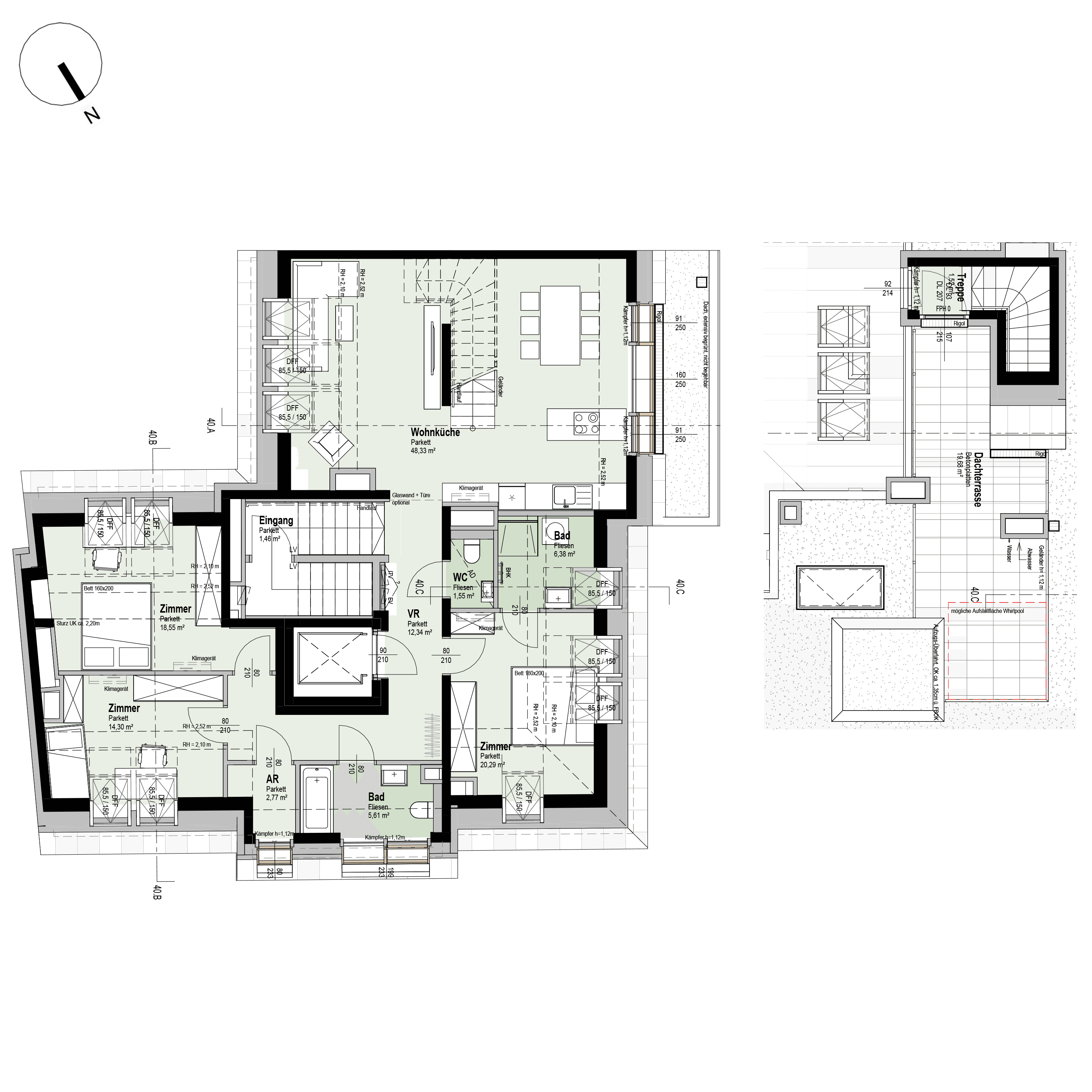 Grundriss Top 1/40 — Fahrbachgasse 6-8 — 4 Zimmer — 133,1 m² — 2nd attic floor — O, W