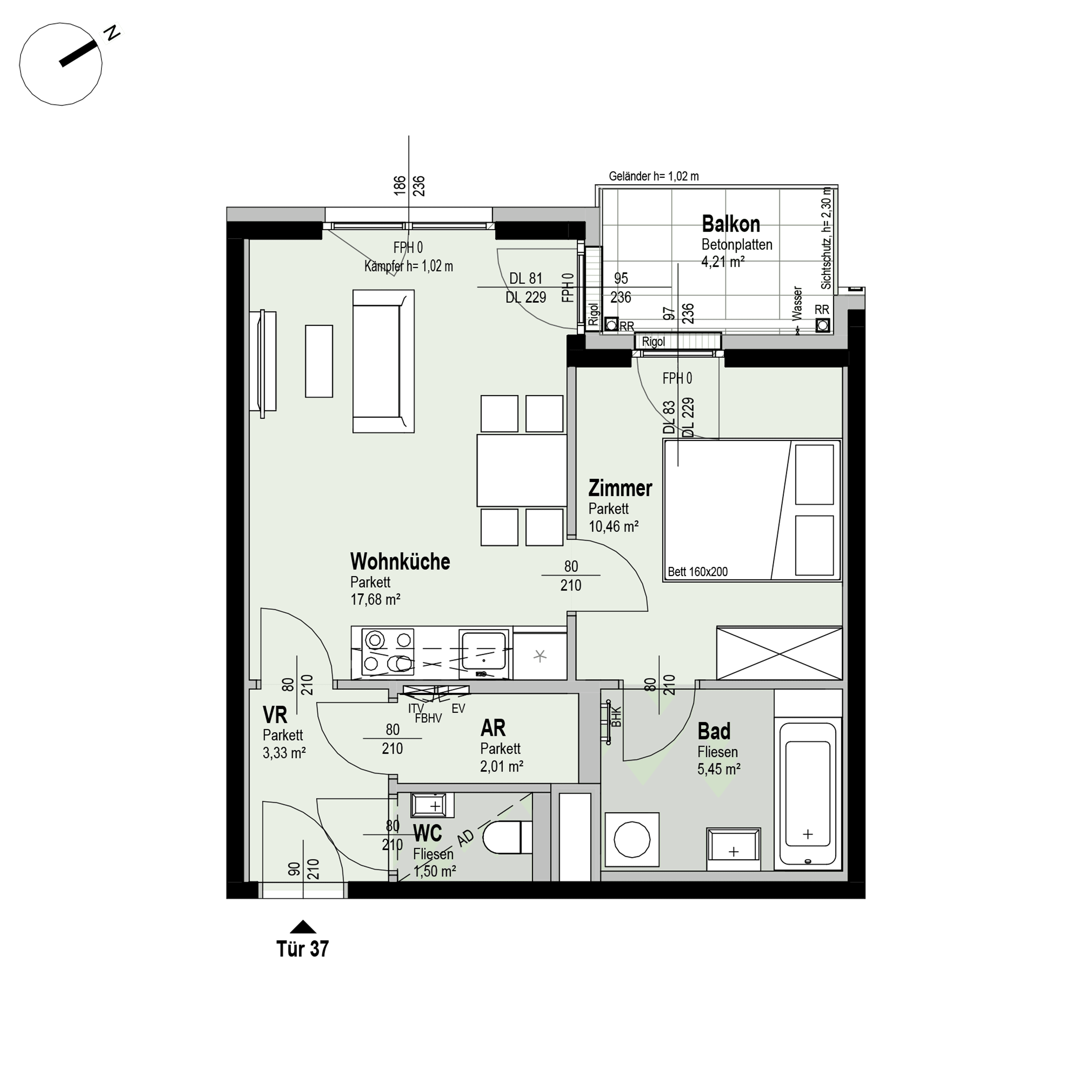 Grundriss Top 2/37 — Fahrbachgasse 6-8 — 2 Zimmer — 40,4 m² — 4th floor — W