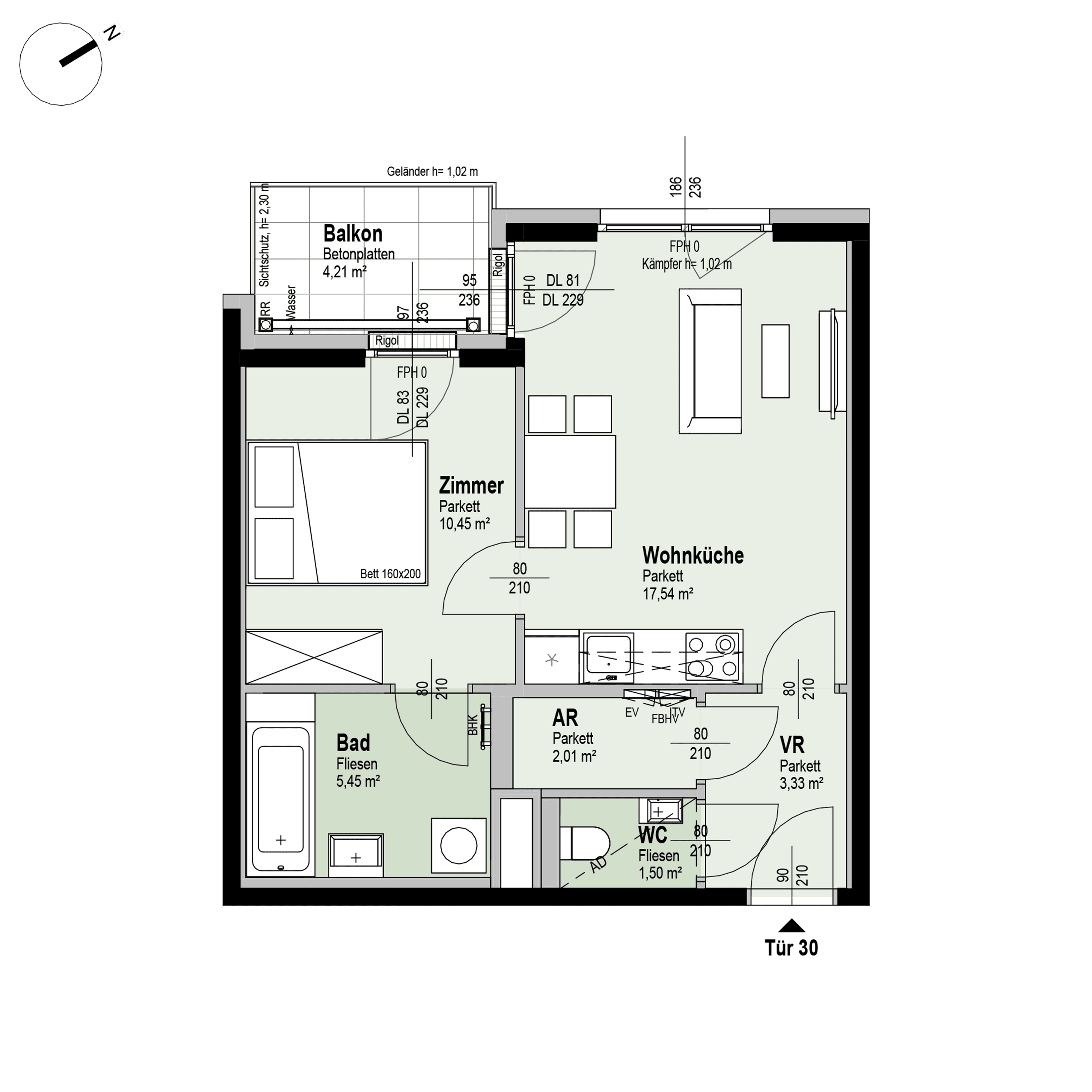 Grundriss Top 1/30 — Fahrbachgasse 6-8 — 2 Zimmer — 40,4 m² — 4th floor — W
