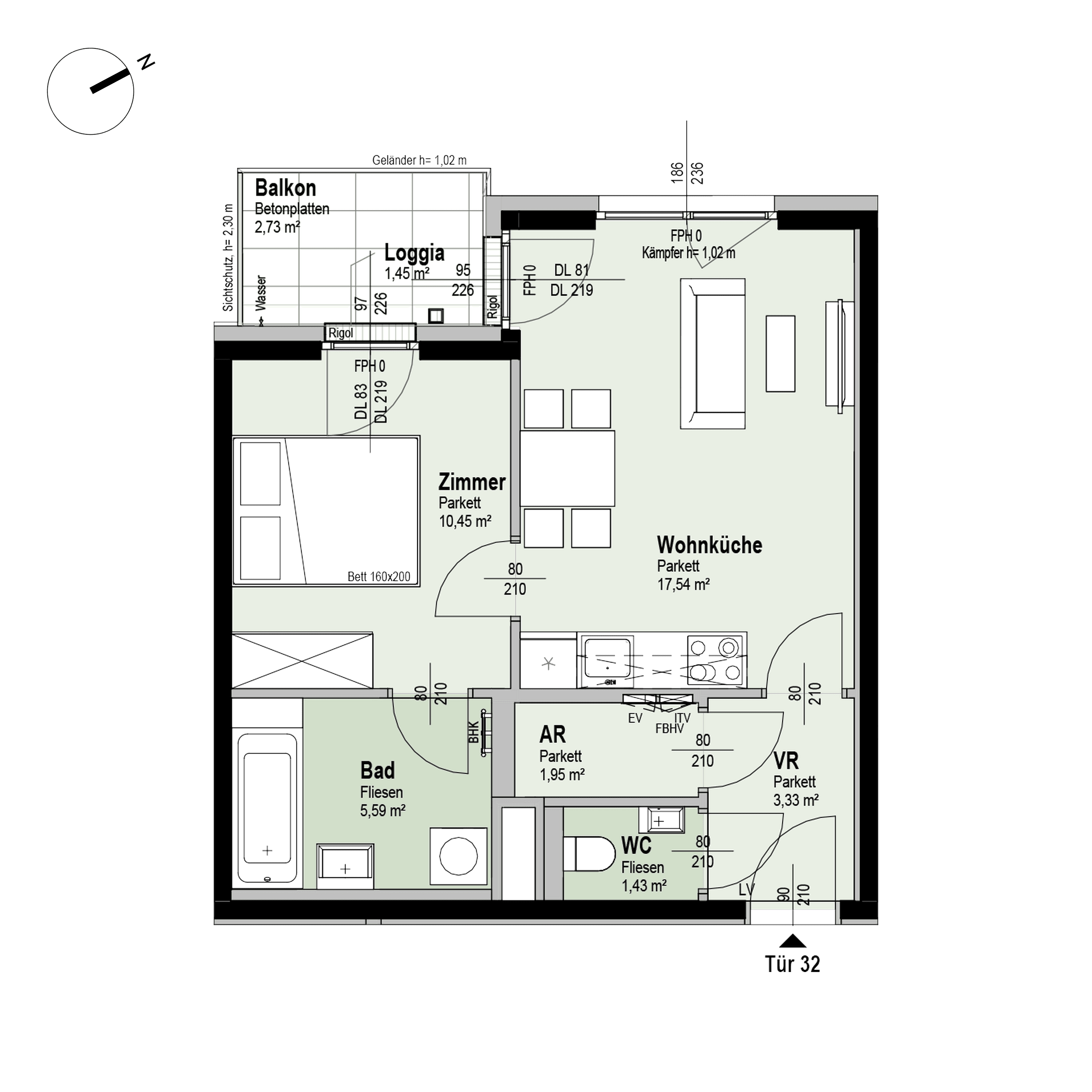 Grundriss Top 1/32 — Fahrbachgasse 6-8 — 2 Zimmer — 41,7 m² — 4th floor — W