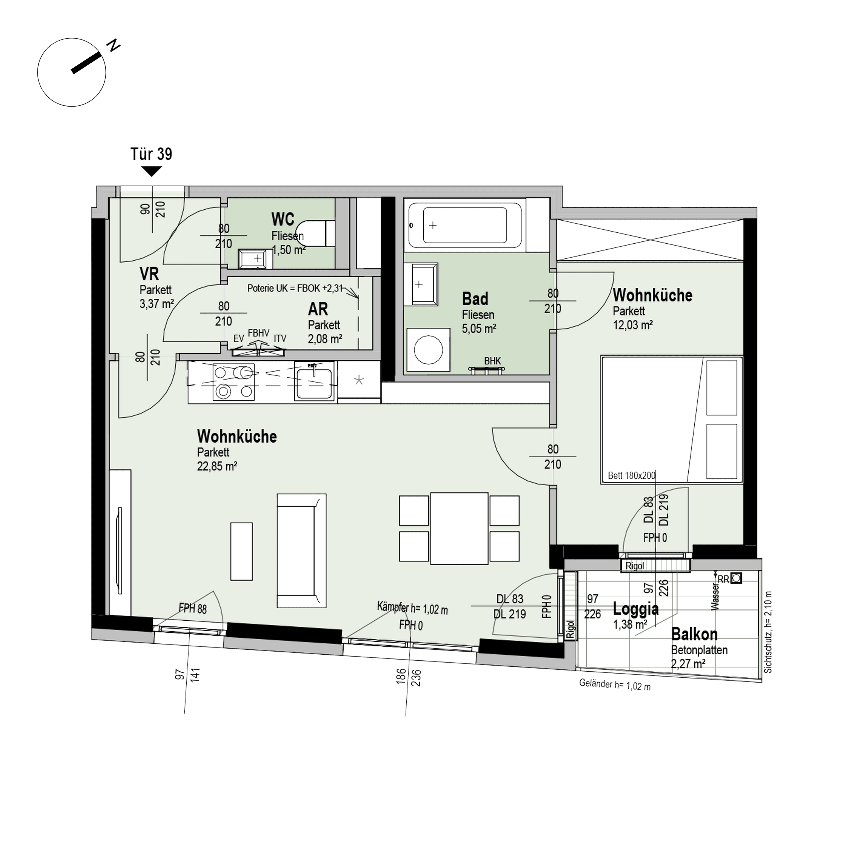 Grundriss Top 2/39 — Fahrbachgasse 6-8 — 2 Zimmer — 48,3 m² — 4th floor — O