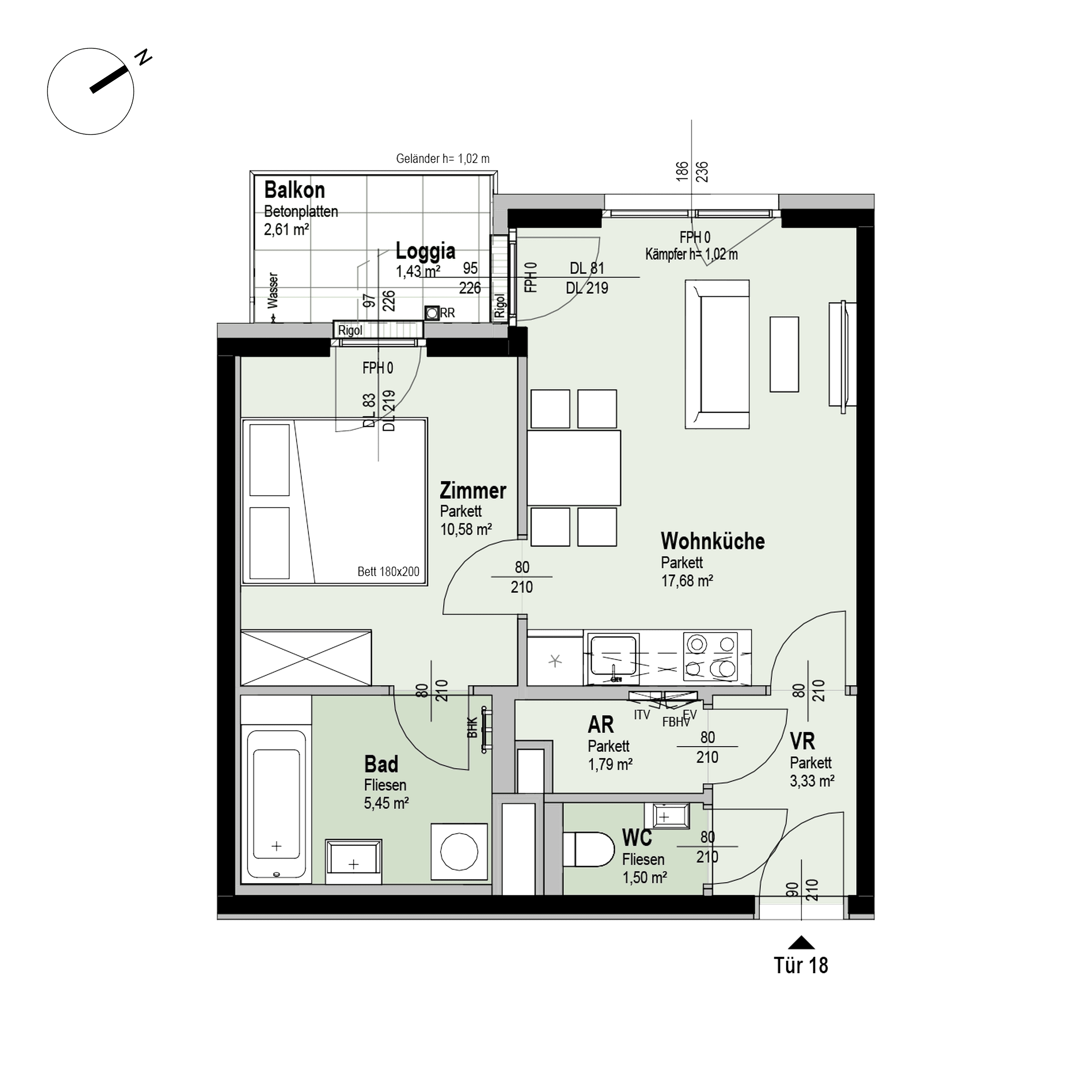 Grundriss Top 2/18 — Fahrbachgasse 6-8 — 2 Zimmer — 41,8 m² — 2nd floor — W