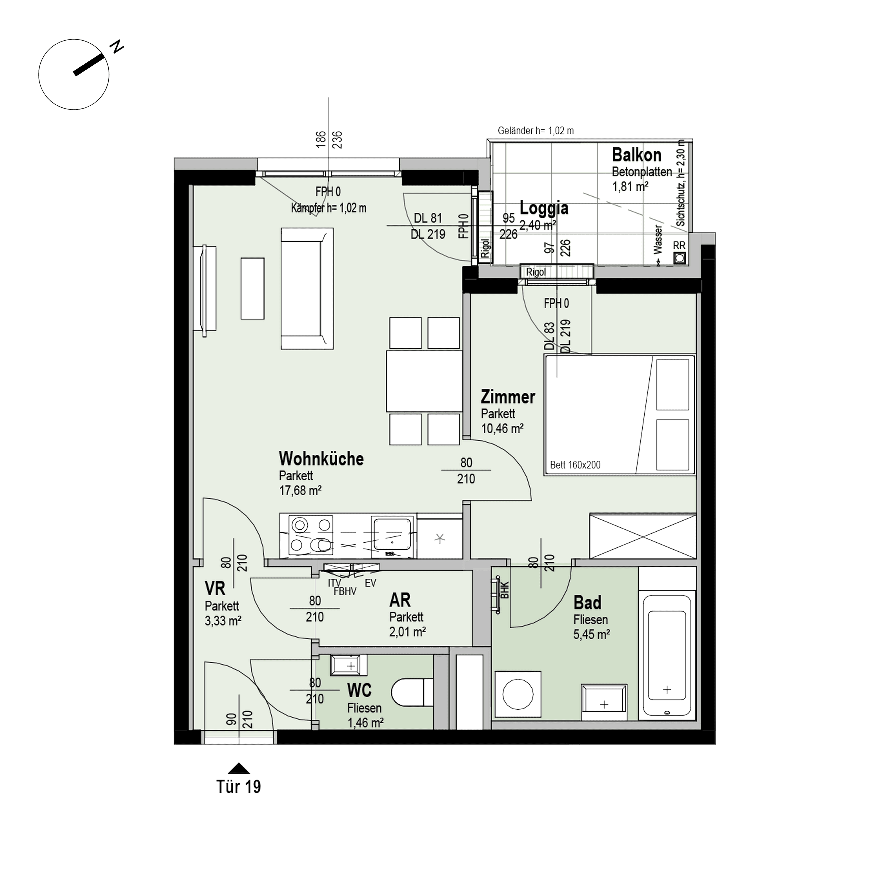 Grundriss Top 2/19 — Fahrbachgasse 6-8 — 2 Zimmer — 42,9 m² — 2nd floor — W