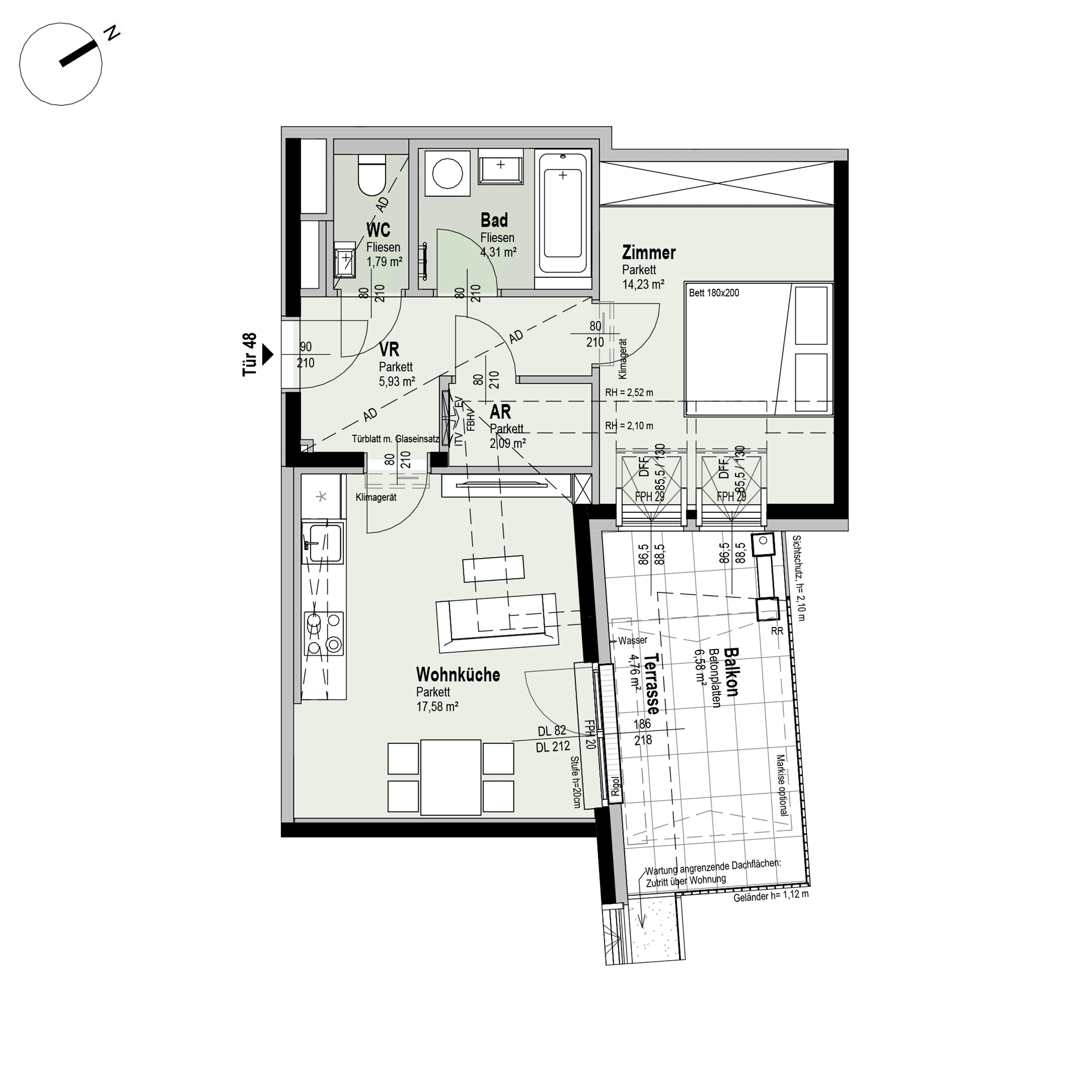 Grundriss Top 2/48 — Fahrbachgasse 6-8 — 2 Zimmer — 45,9 m² — 1st attic floor — O