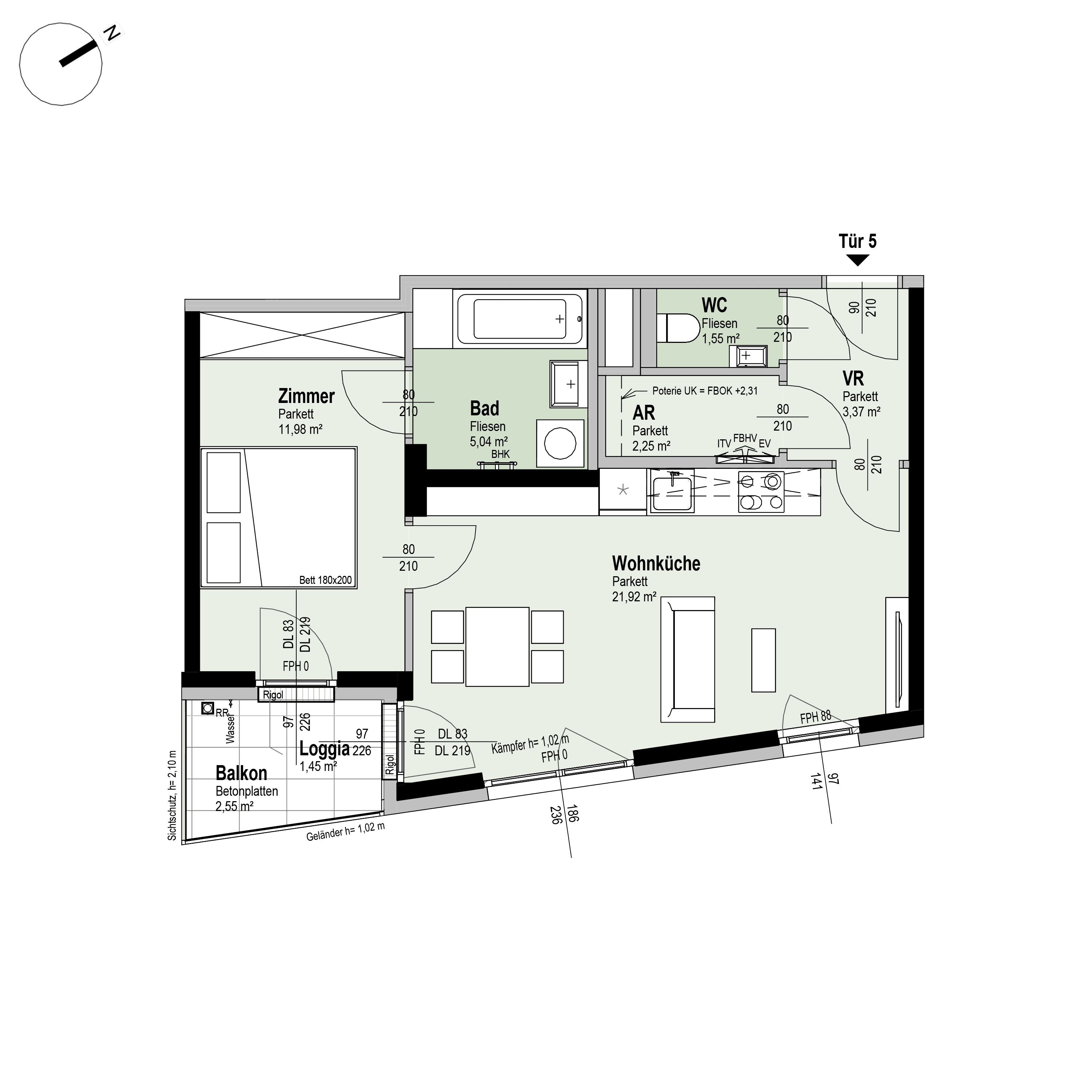 Grundriss Top 1/5 — Fahrbachgasse 6-8 — 2 Zimmer — 47,6 m² — 1st floor — O, S