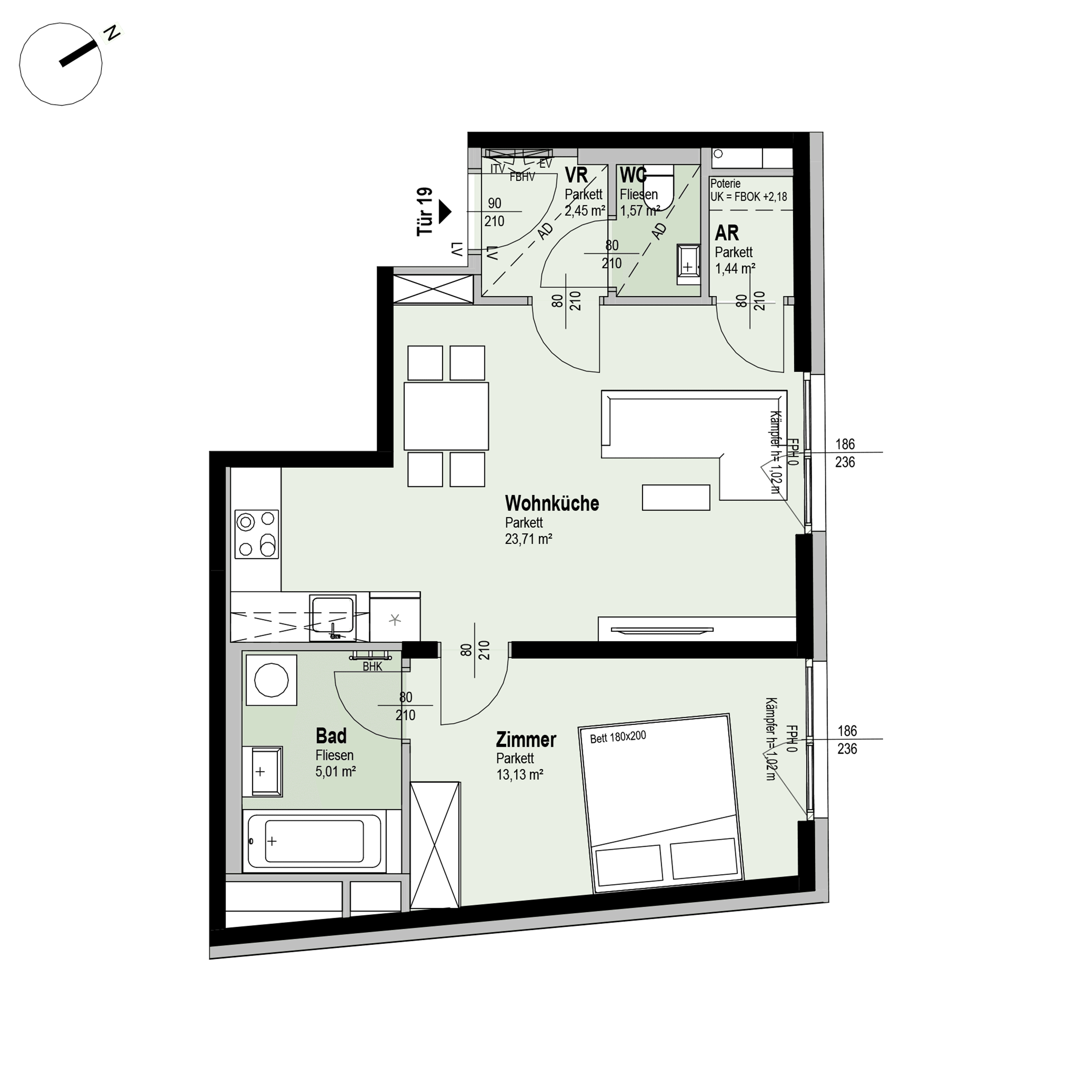 Grundriss Top 1/19 — Fahrbachgasse 6-8 — 2 Zimmer — 47,4 m² — 3rd floor — W