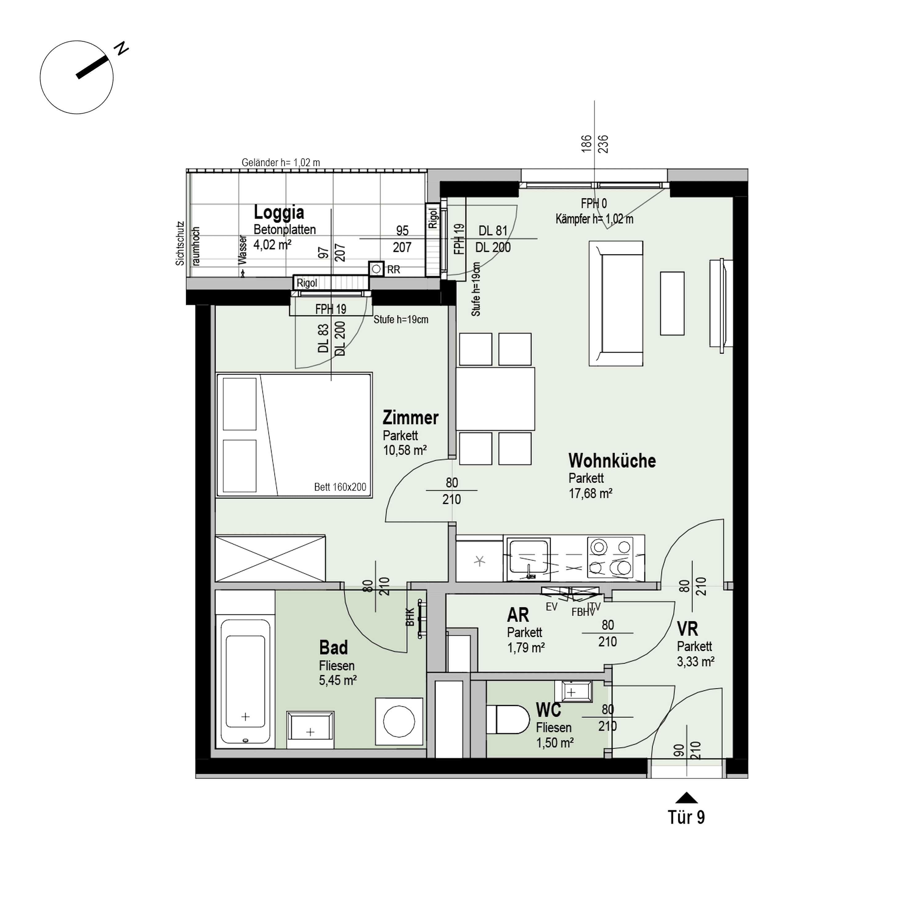 Grundriss Top 2/9 — Fahrbachgasse 6-8 — 2 Zimmer — 44,4 m² — 1st floor — W