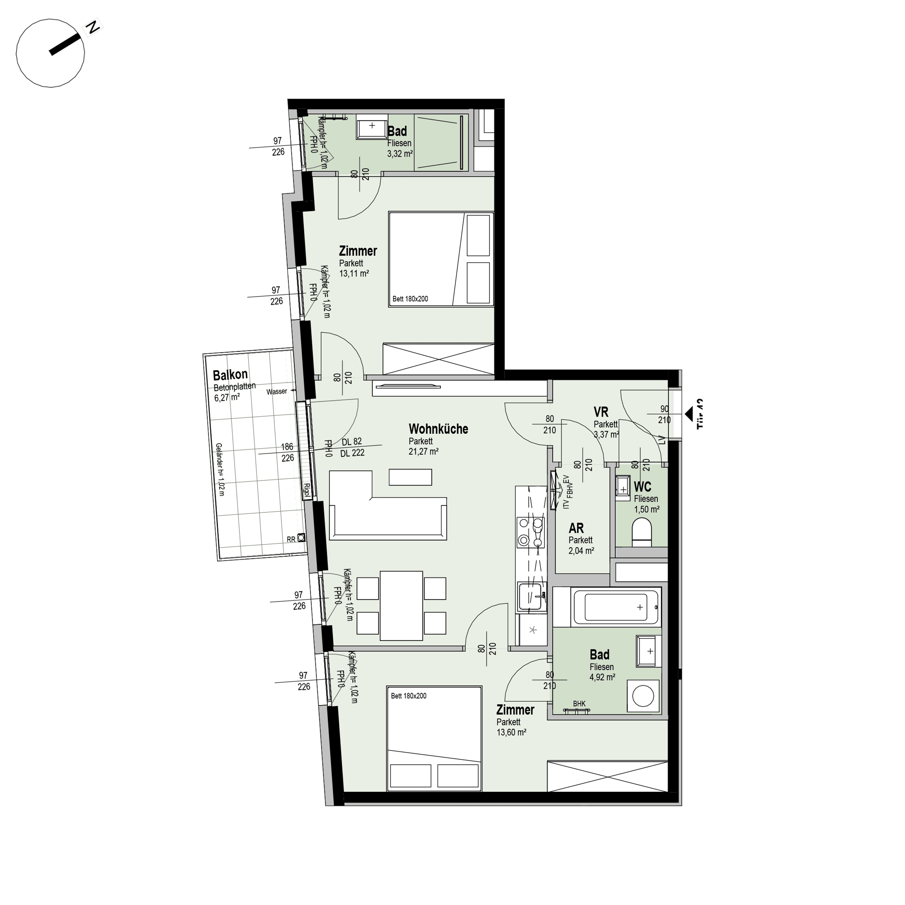 Grundriss Top 2/42 — Fahrbachgasse 6-8 — 3 Zimmer — 63,1 m² — 4th floor — S, W