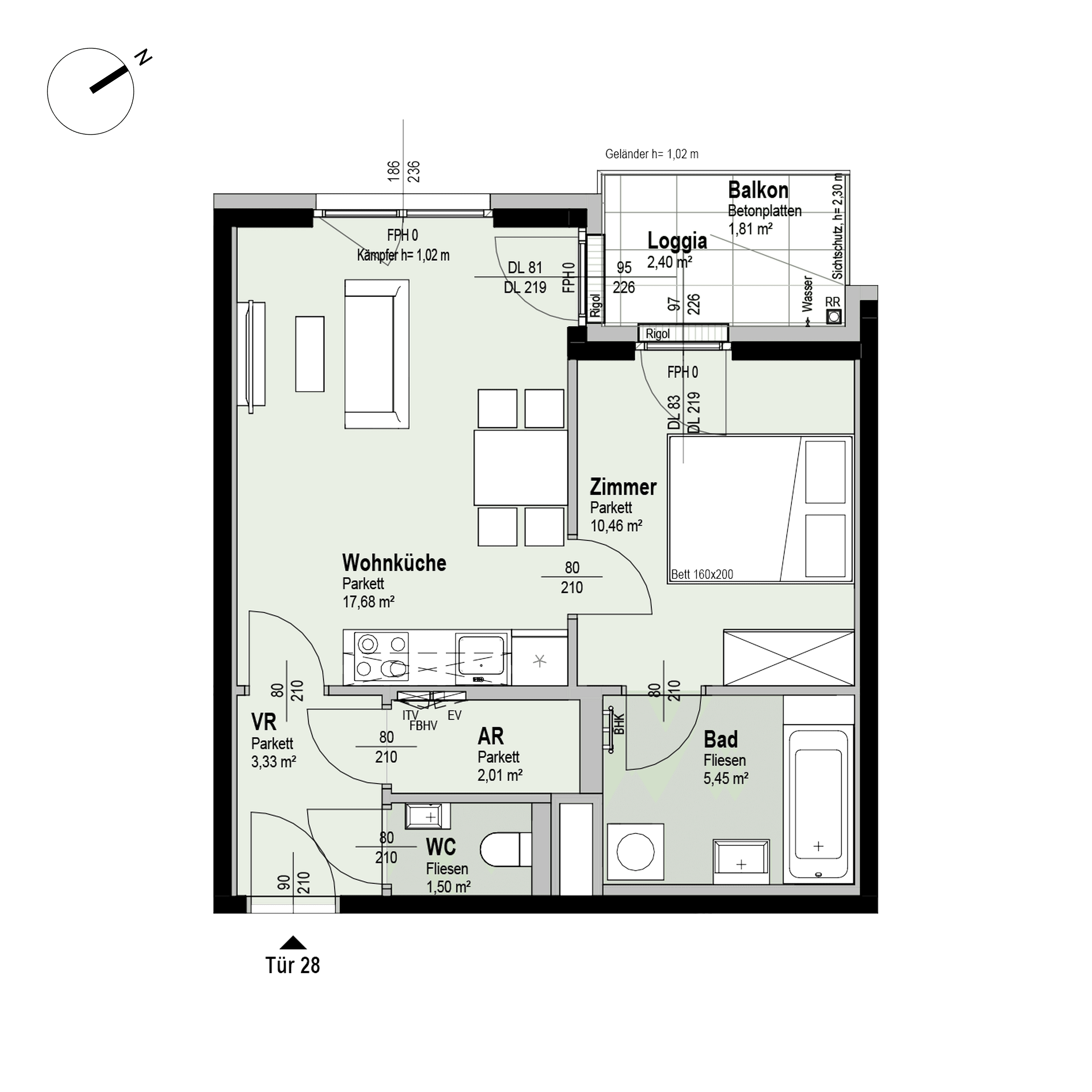 Grundriss Top 2/28 — Fahrbachgasse 6-8 — 2 Zimmer — 42,8 m² — 3rd floor — W