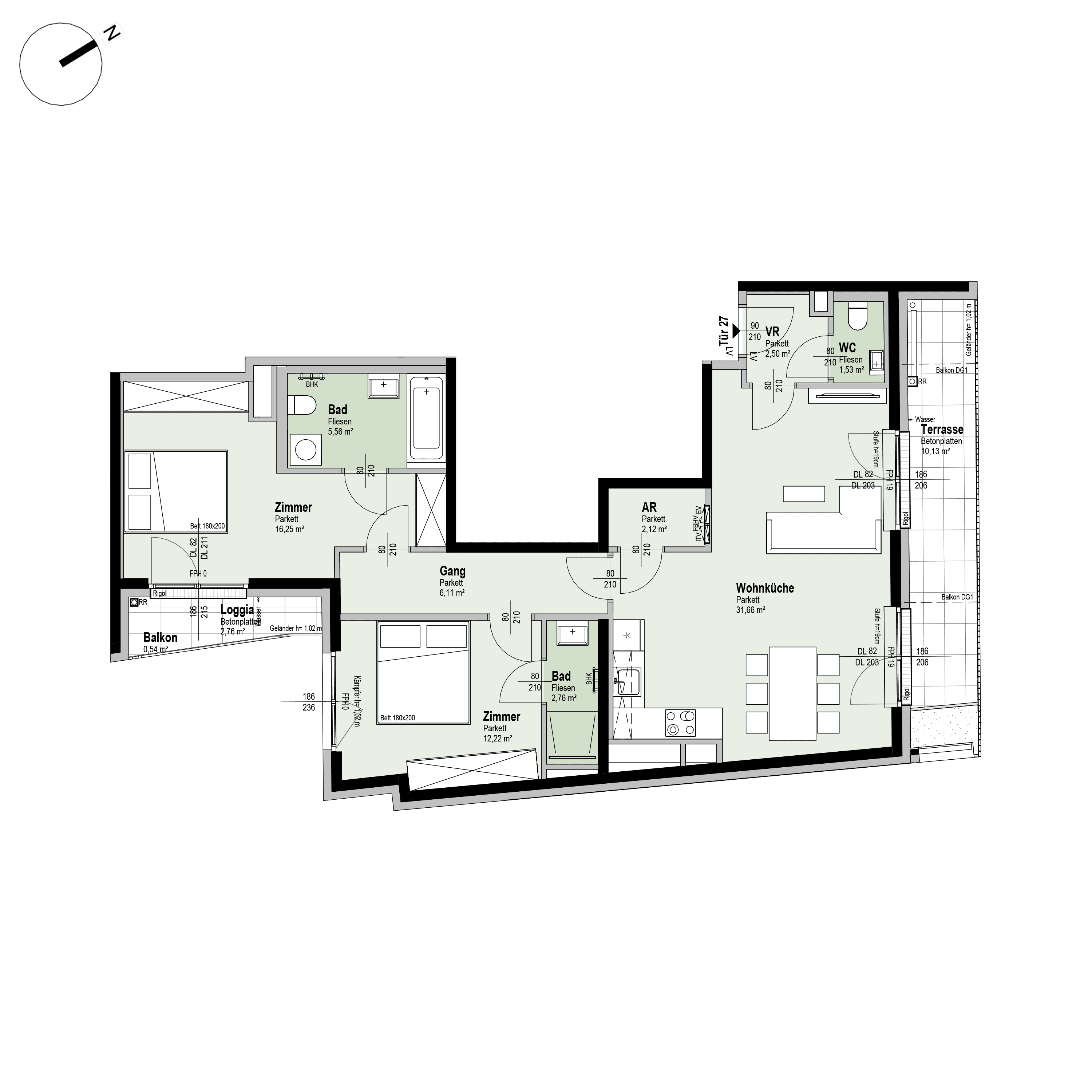 Grundriss Top 1/27 — Fahrbachgasse 6-8 — 3 Zimmer — 83,5 m² — 4th floor — N, O