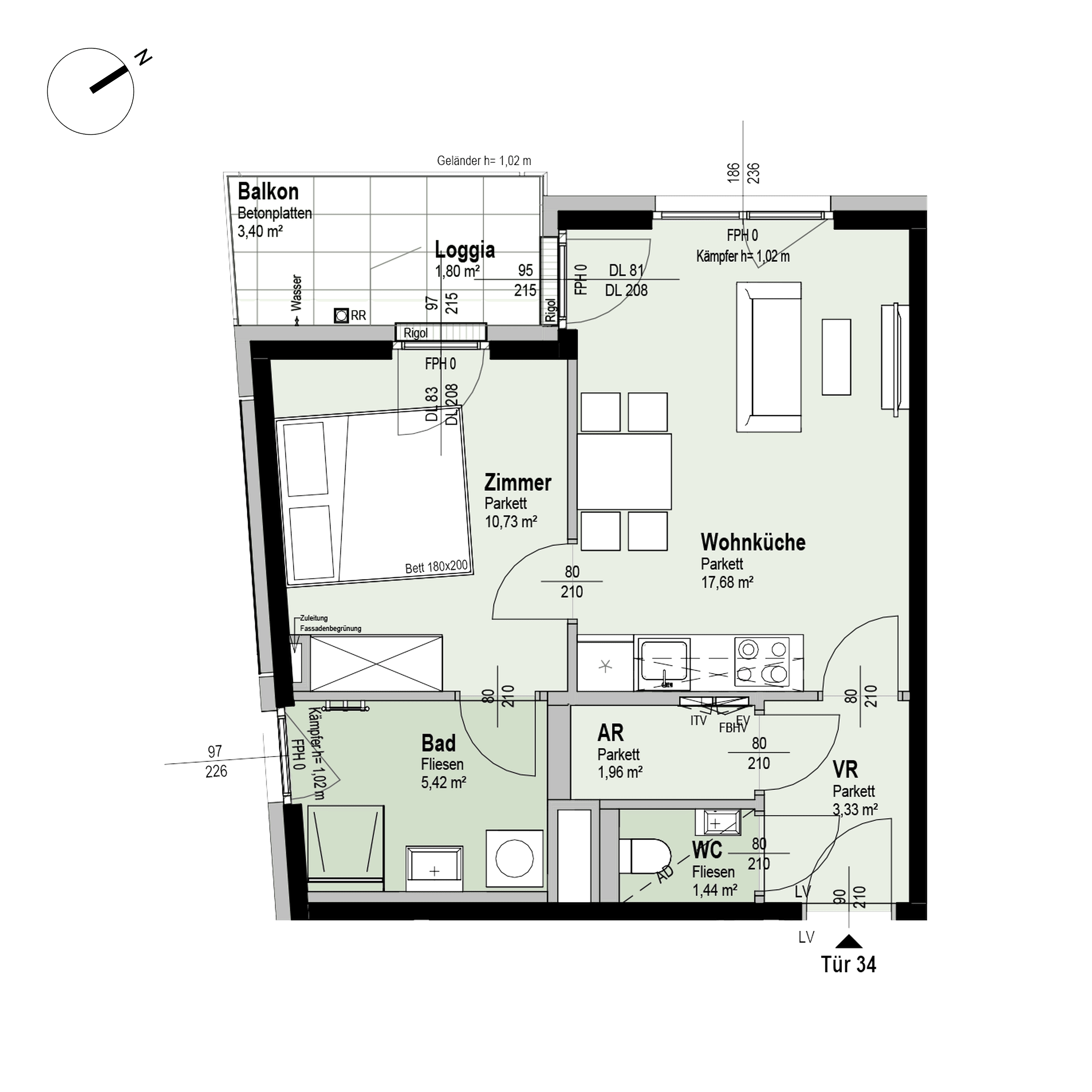 Grundriss Top 2/34 — Fahrbachgasse 6-8 — 2 Zimmer — 42,4 m² — 4th floor — W