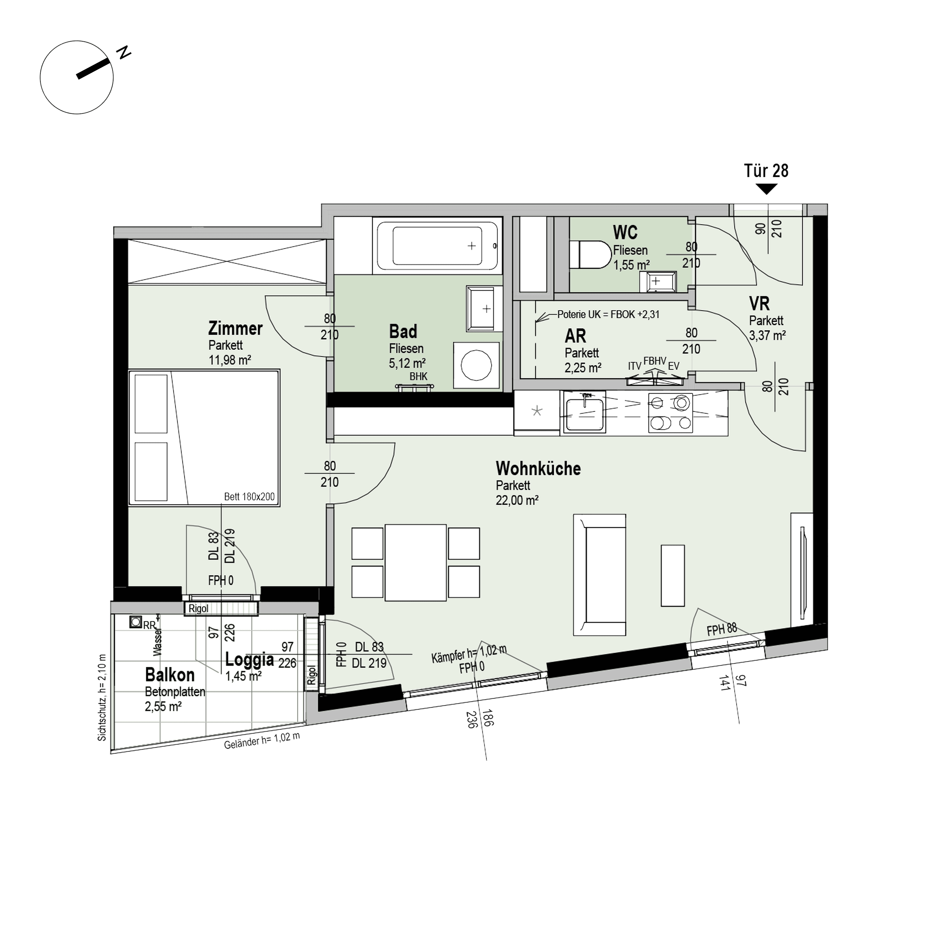 Grundriss Top 1/28 — Fahrbachgasse 6-8 — 2 Zimmer — 47,7 m² — 4th floor — O, S
