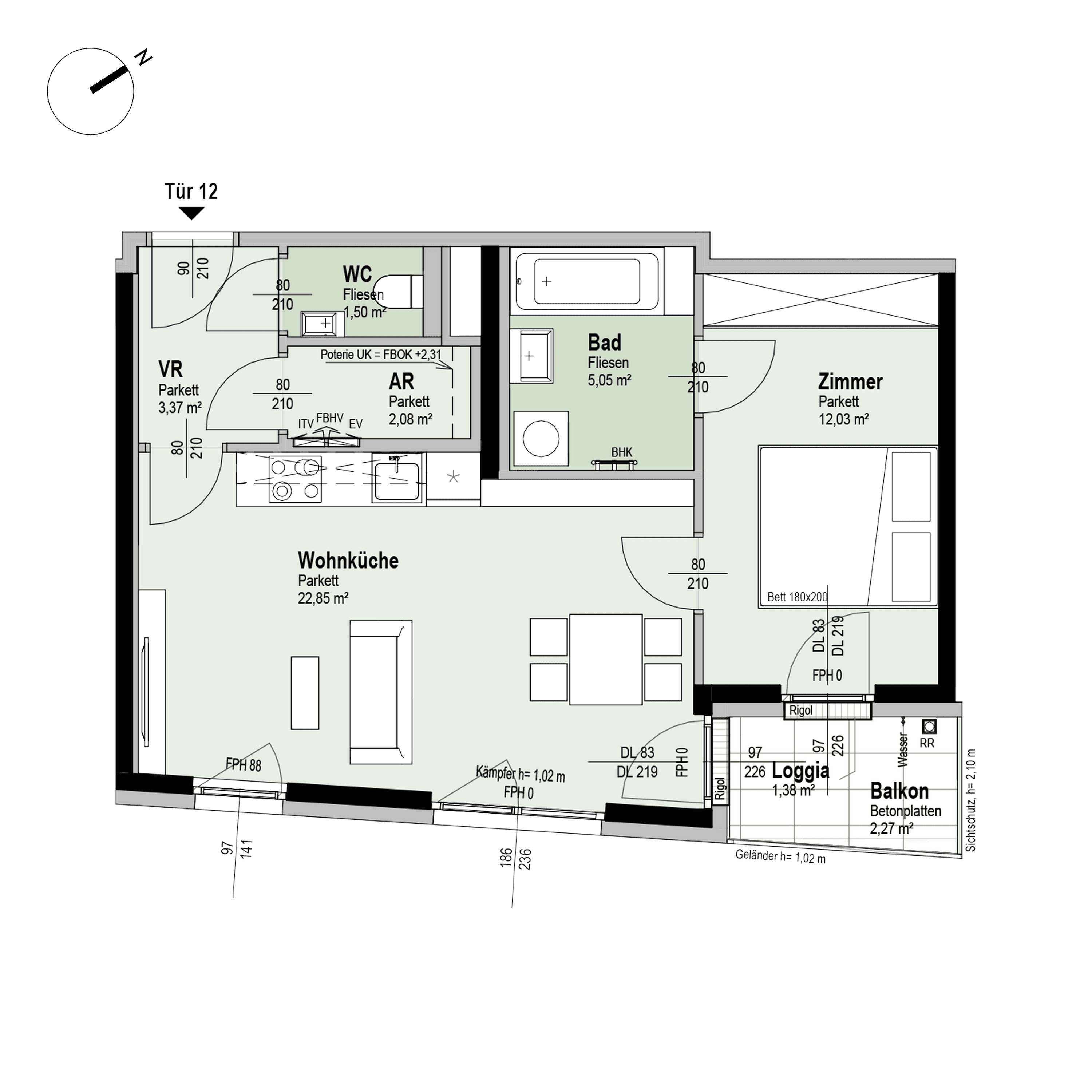 Grundriss Top 2/12 — Fahrbachgasse 6-8 — 2 Zimmer — 48,3 m² — 1st floor — O