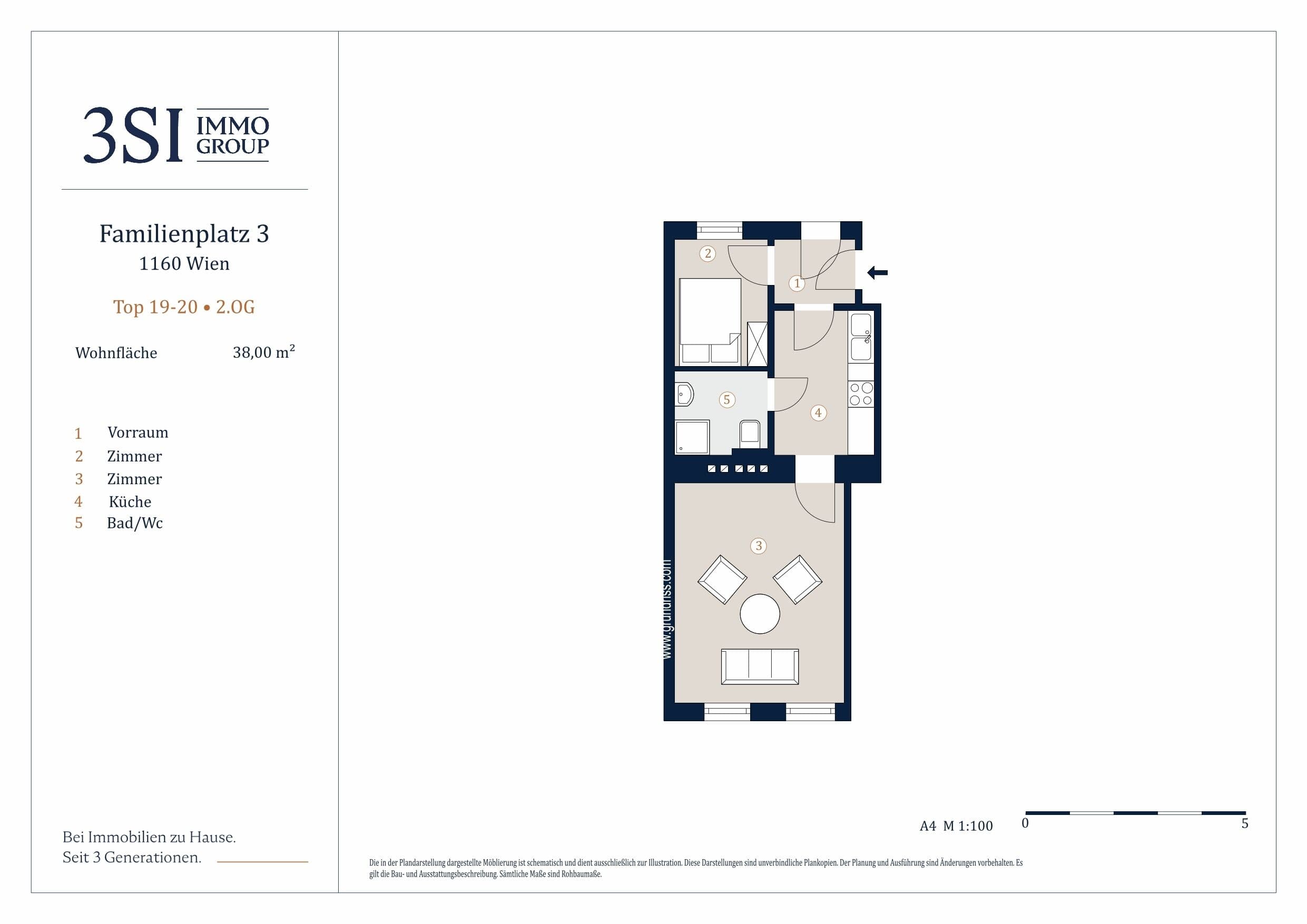 Grundriss 19-20 — Familienplatz 3 — 2 Zimmer — 38 m² — 2nd floor