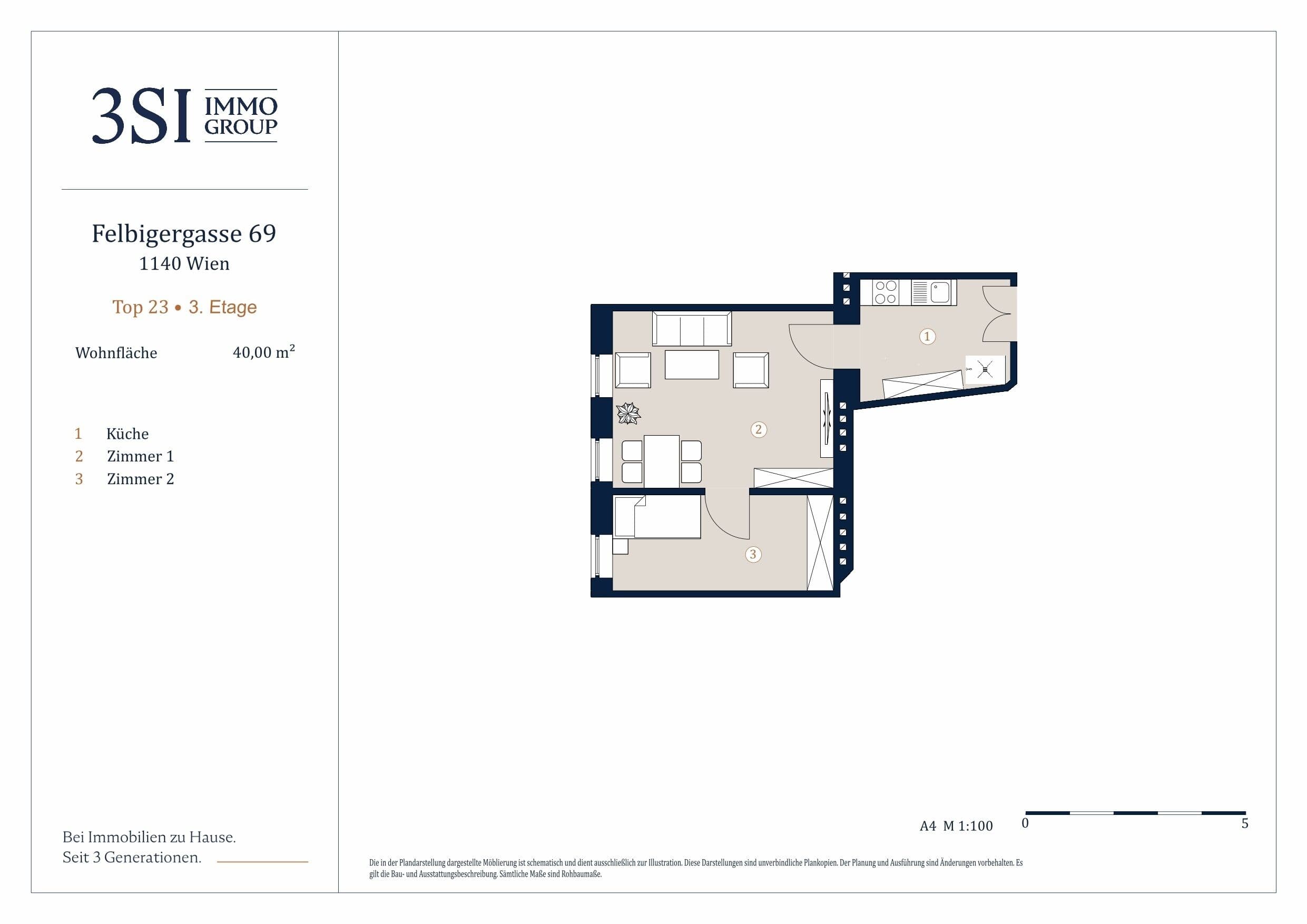 Grundriss Top 23 — Felbigergasse 69 — 2 Zimmer — 40 m² — 3rd floor