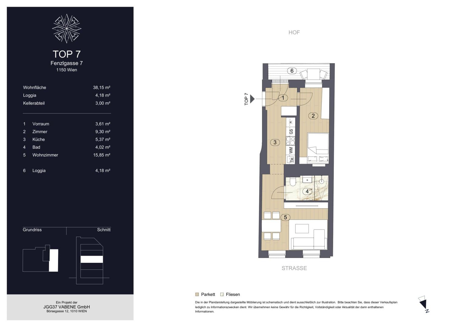 Grundriss Top 7 — Fenzlgasse 7 — 2 Zimmer — 42 m² — 2nd floor — Innenhof