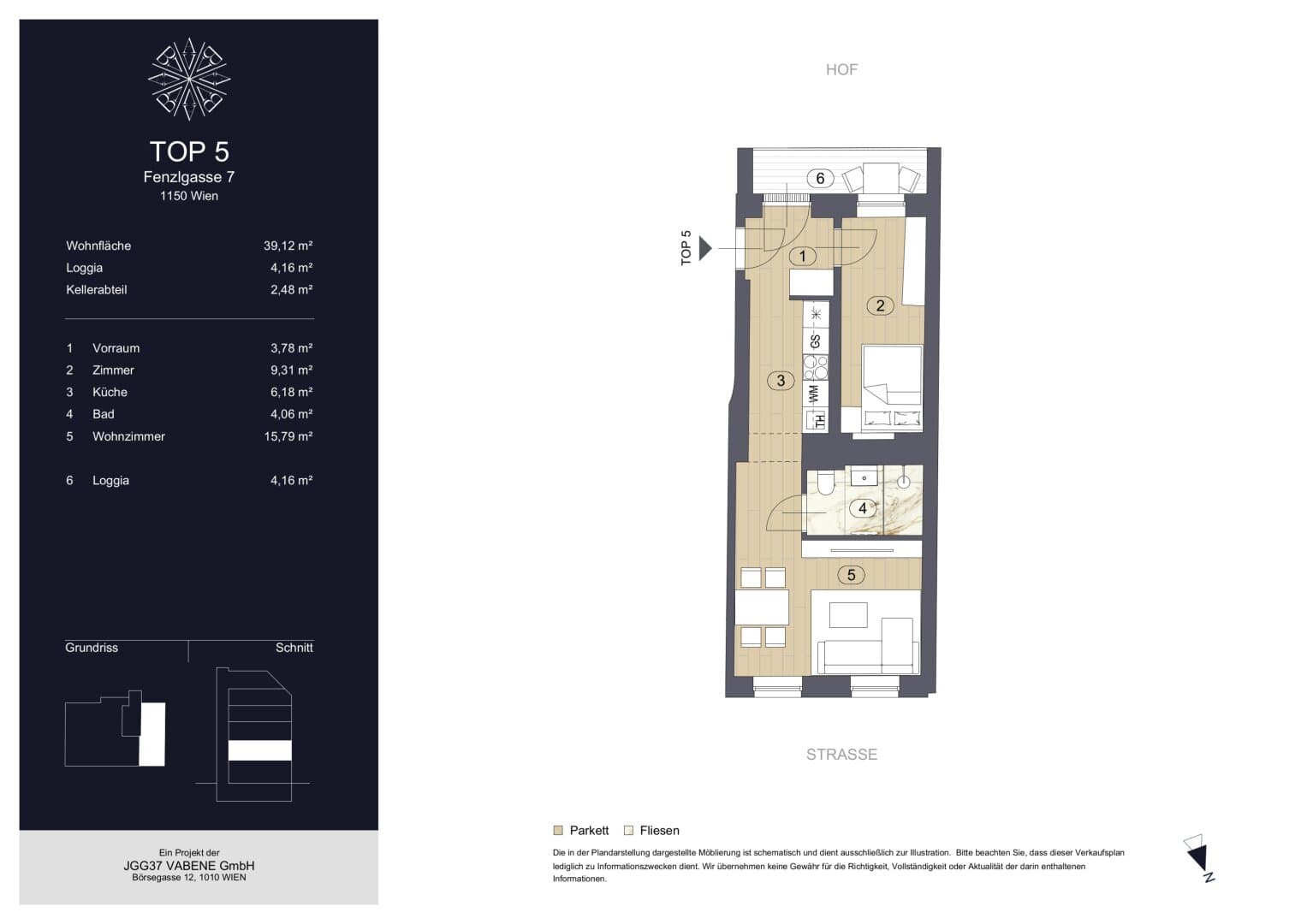 Grundriss Top 5 — Fenzlgasse 7 — 2 Zimmer — 43 m² — 1st floor — Innenhof