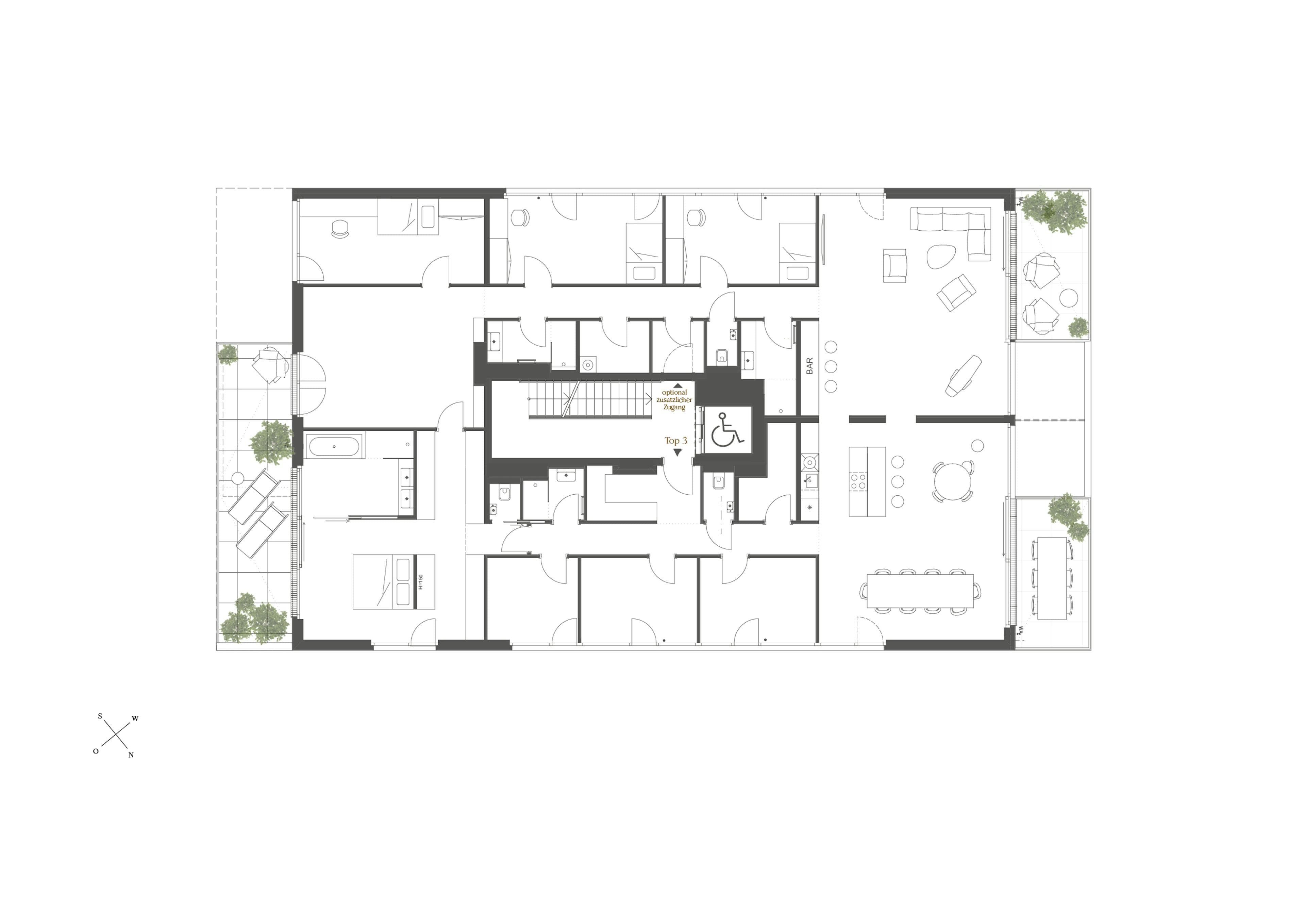 Grundriss TOP 03 VARIANTE — Finest — 10 Zimmer — 294 m² — Modern Apartment: Familienapartment auf ganzem Geschoß mit vier Freiflächen — Grundriss 2/2