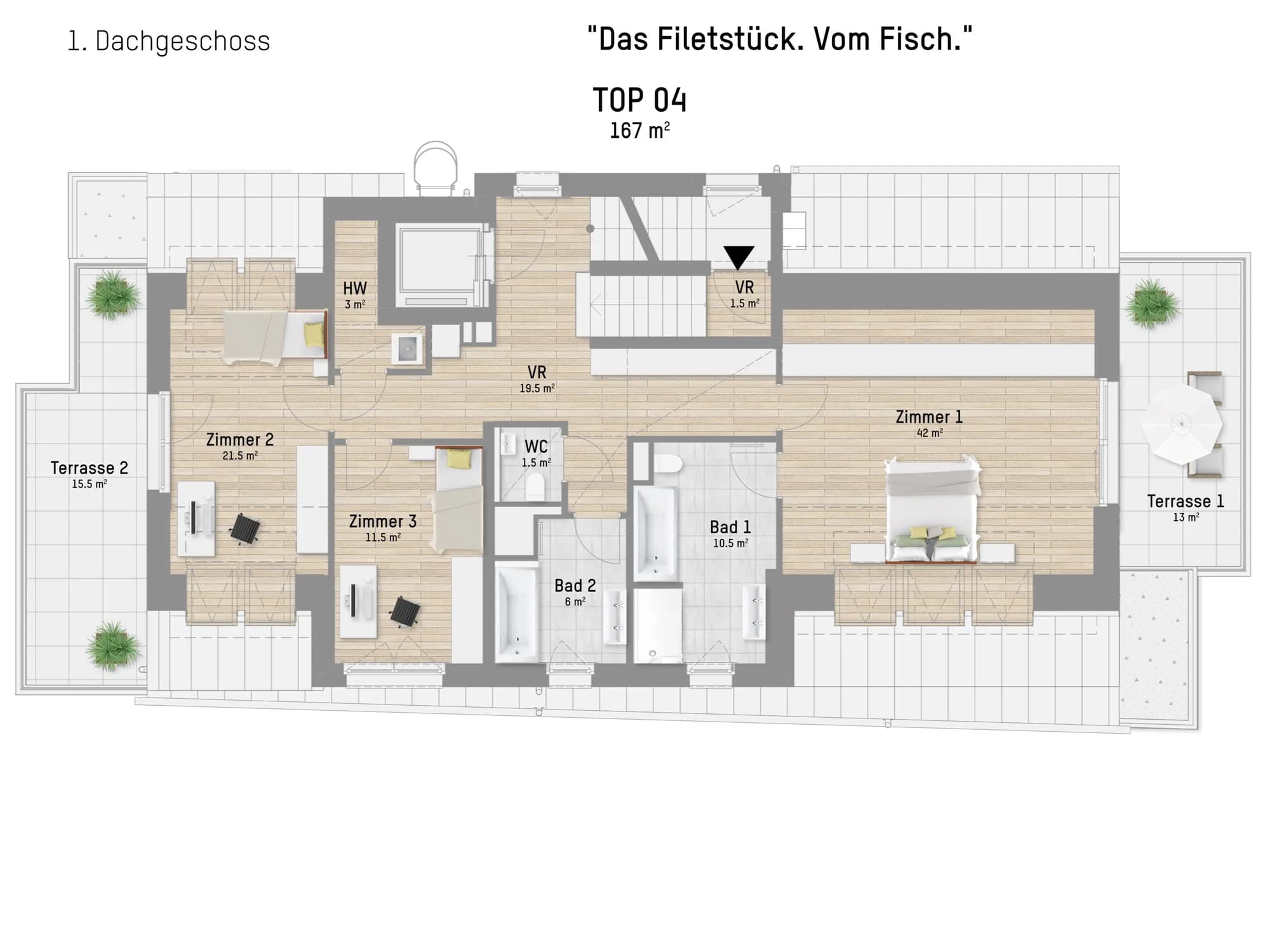 Grundriss TOP 4 — Fischerstrand 22 — 4 Zimmer — 164,8 m² — 1st attic floor — Das Filetstück. Vom Fisch., 4-Zimmer-Penthouse mit Traumblick aufs Wasser, Direkt an der unteren Alten Donau mit zahlreichen Freizeitmöglichkeiten, 5 Gehminuten zur U-Bahnlinie U1 , Station Alte Donau, Direkte Liftfahrt in beide Dachgeschosse, Master-Schlafzimmer mit Bad en suite und Wasserblick-Terrasse, 2. Badezimmer mit Dusche, WC extra, Hauswirtschaftsraum mit Waschmaschinenanschluss, Lichtkonzept mit Deckenspots im Gang- und Wohnbereich, Maßgefertigte bulthaup-Küche mit Miele-Geräten, Schlüsselfertig, Kurzfristig beziehbar, Erstbezug, Sonnendurchflutet durch große Glasflächen, Exklusive Ausstattung, Auf Baurechtsgrund, Effizientes Heiz- und Kühlsystem mit Wärmepumpe, Provisionsfrei - direkt vom Bauträger
