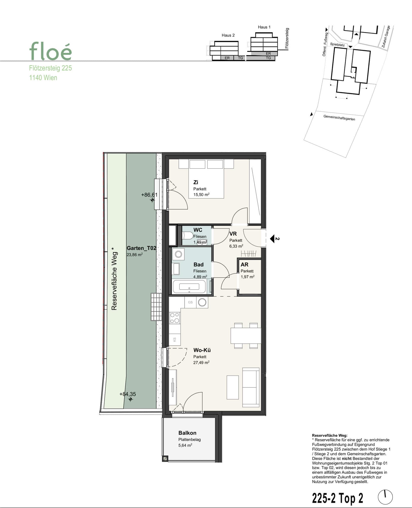 Grundriss 2/2 — Floé 225 - Neubauwohnungen mit Freiflächen in Grünlage — 2 Zimmer — 57 m² — Ground floor