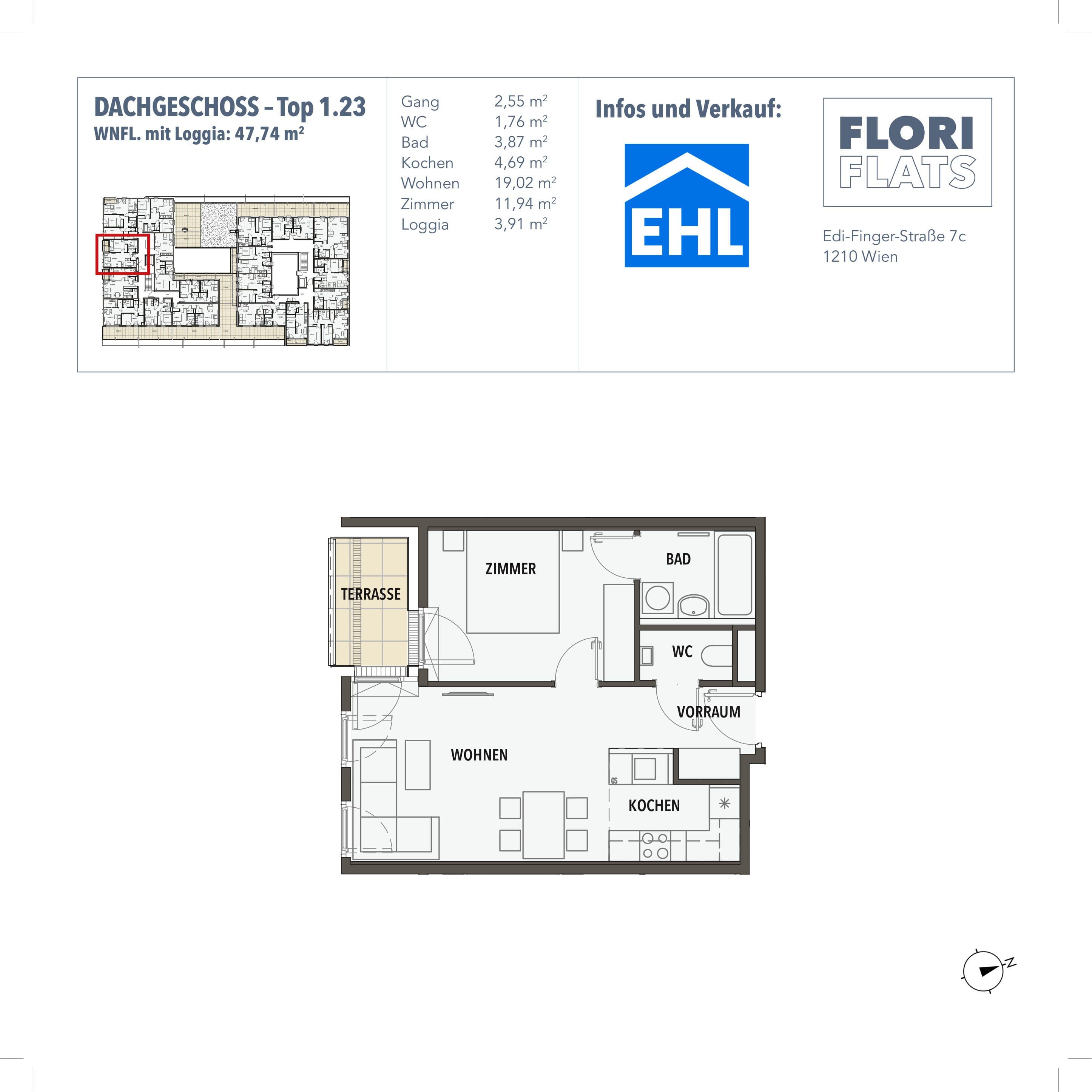 Grundriss 23 — Flori Flats — 2 Zimmer — 43,8 m² — 1st attic floor