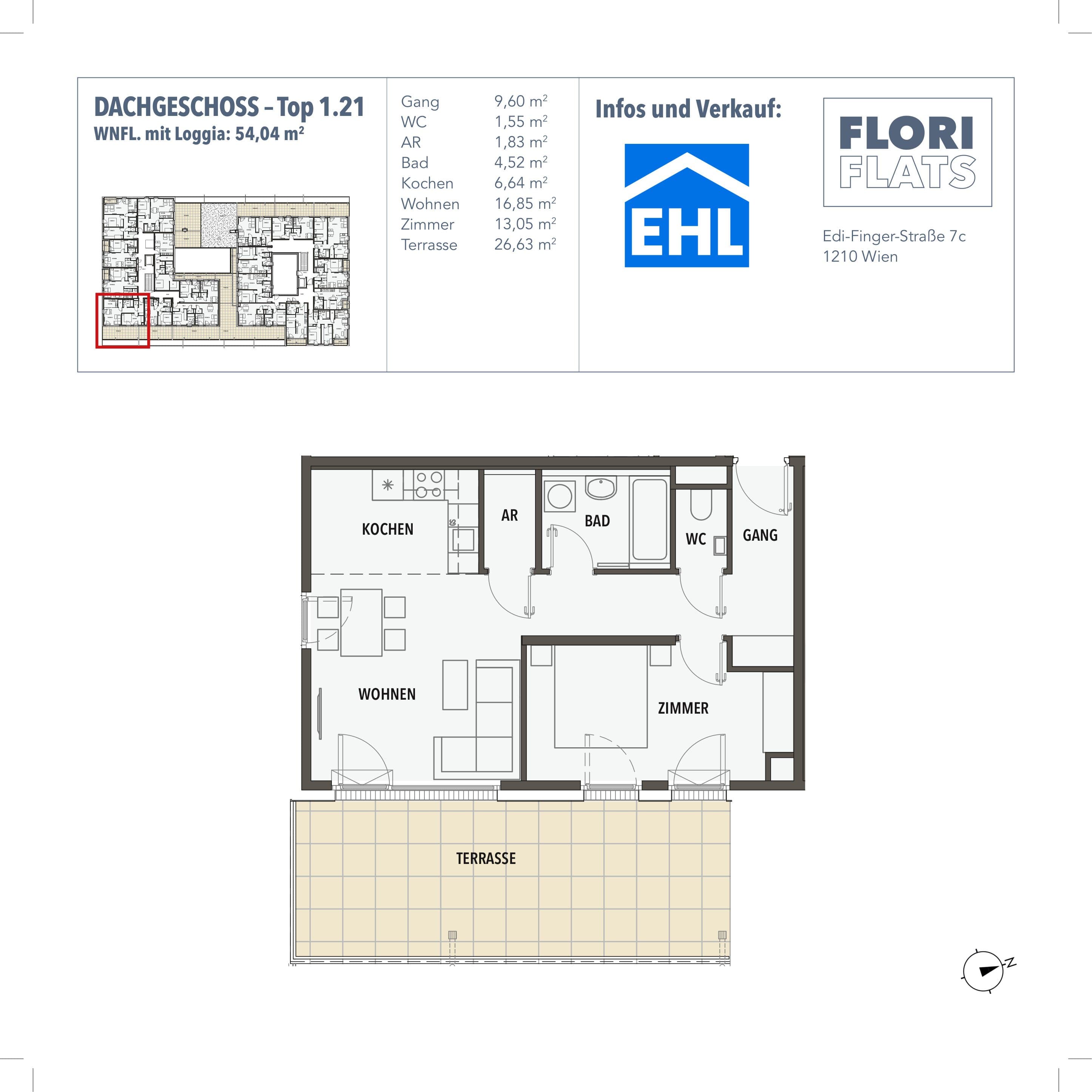 Grundriss 21 — Flori Flats — 2 Zimmer — 54 m² — 1st attic floor