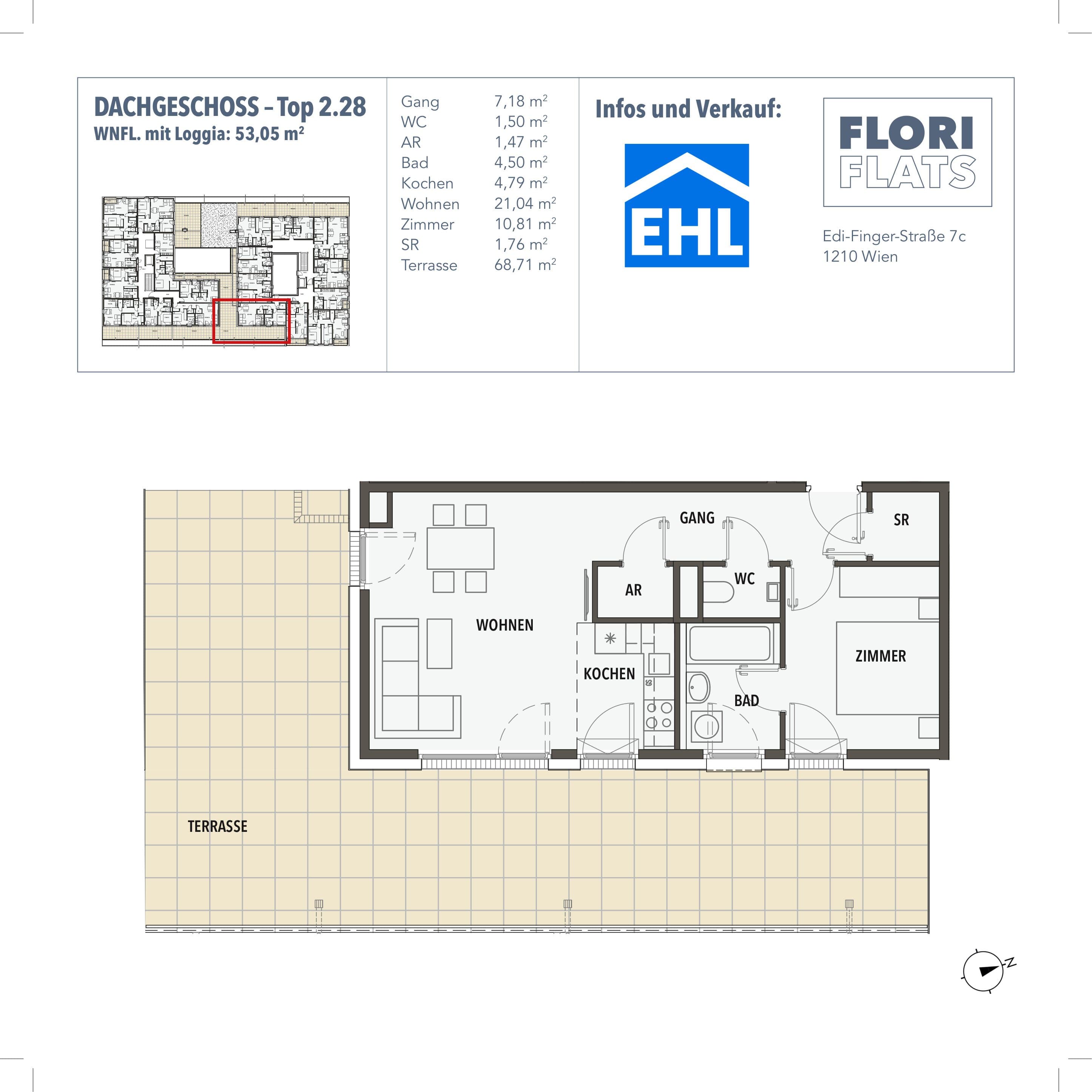 Grundriss 28 — Flori Flats — 2 Zimmer — 53,1 m² — 1st attic floor