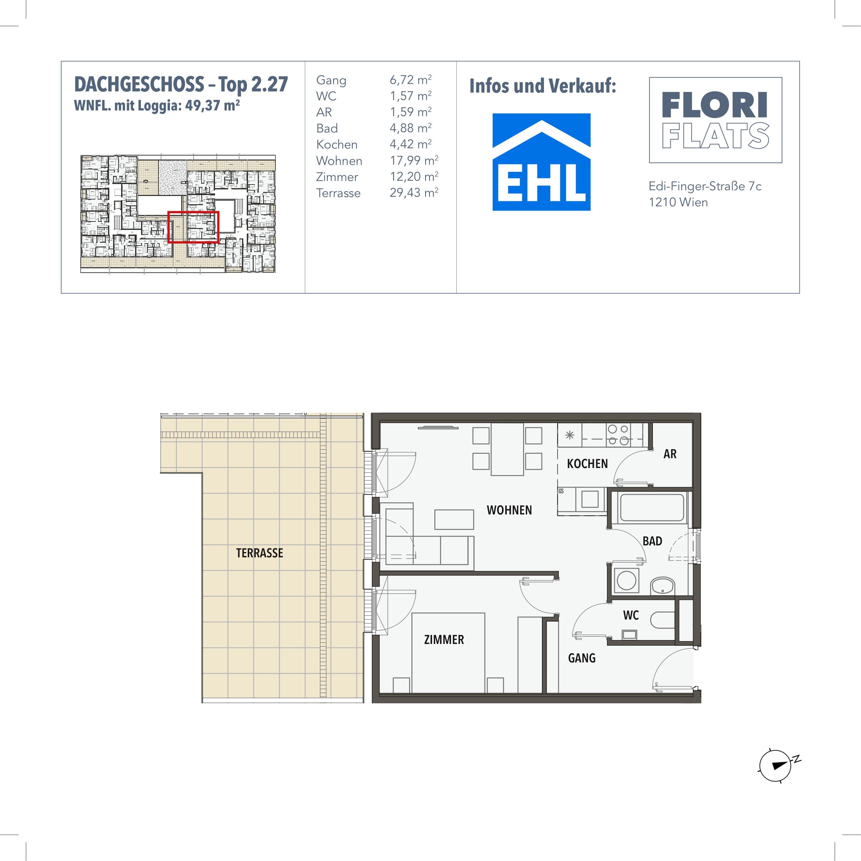 Grundriss 27 — Flori Flats — 2 Zimmer — 49,4 m² — 1st attic floor
