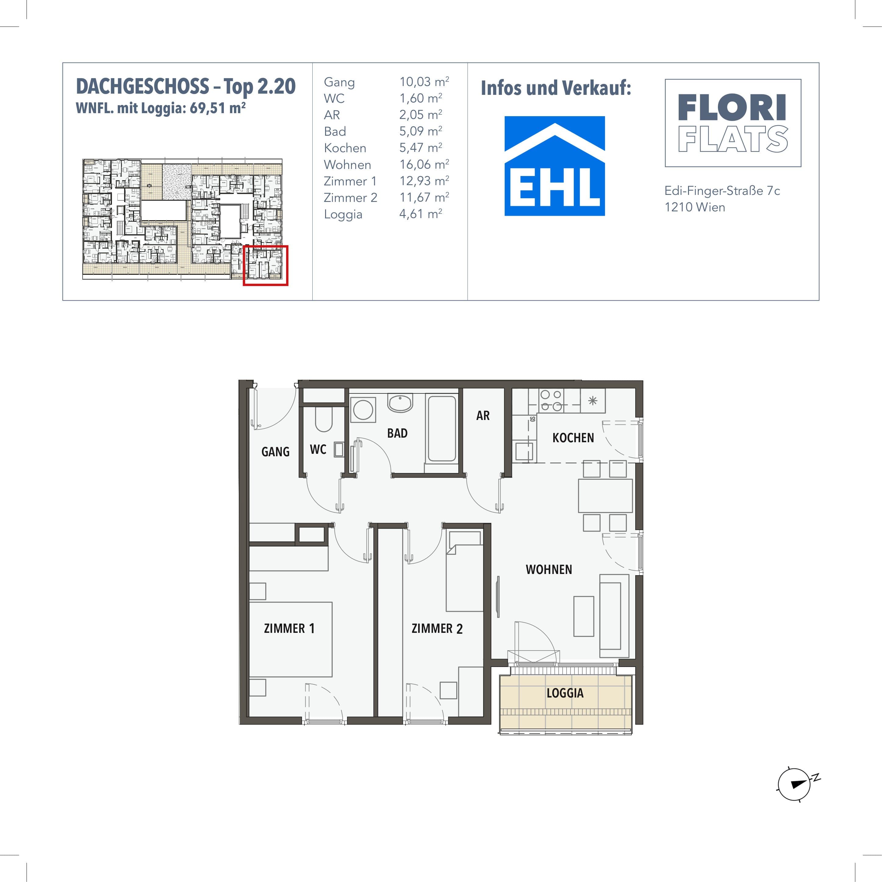 Grundriss 20 — Flori Flats — 3 Zimmer — 64,9 m² — 1st attic floor