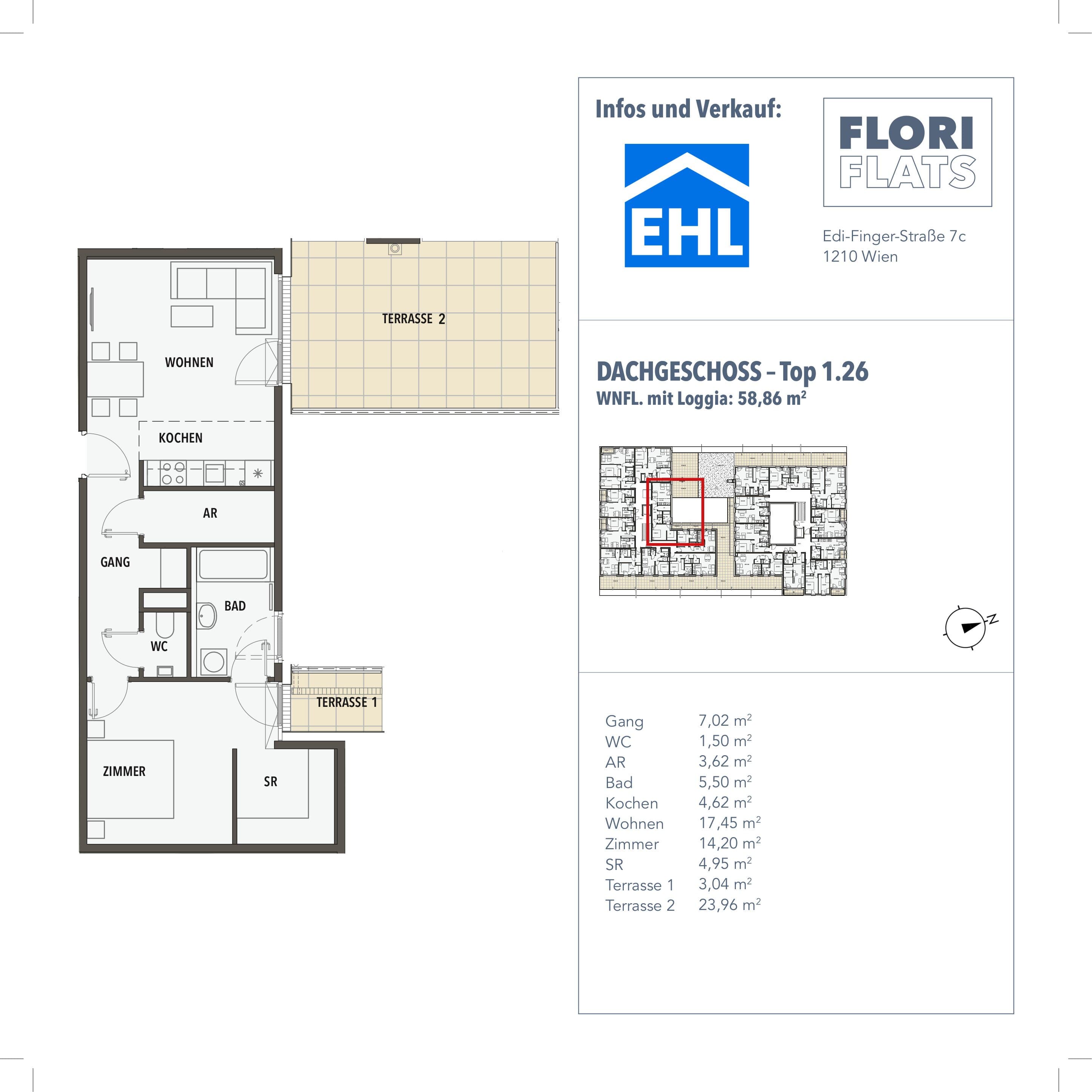 Grundriss 26 — Flori Flats — 2 Zimmer — 58,9 m² — 1st attic floor