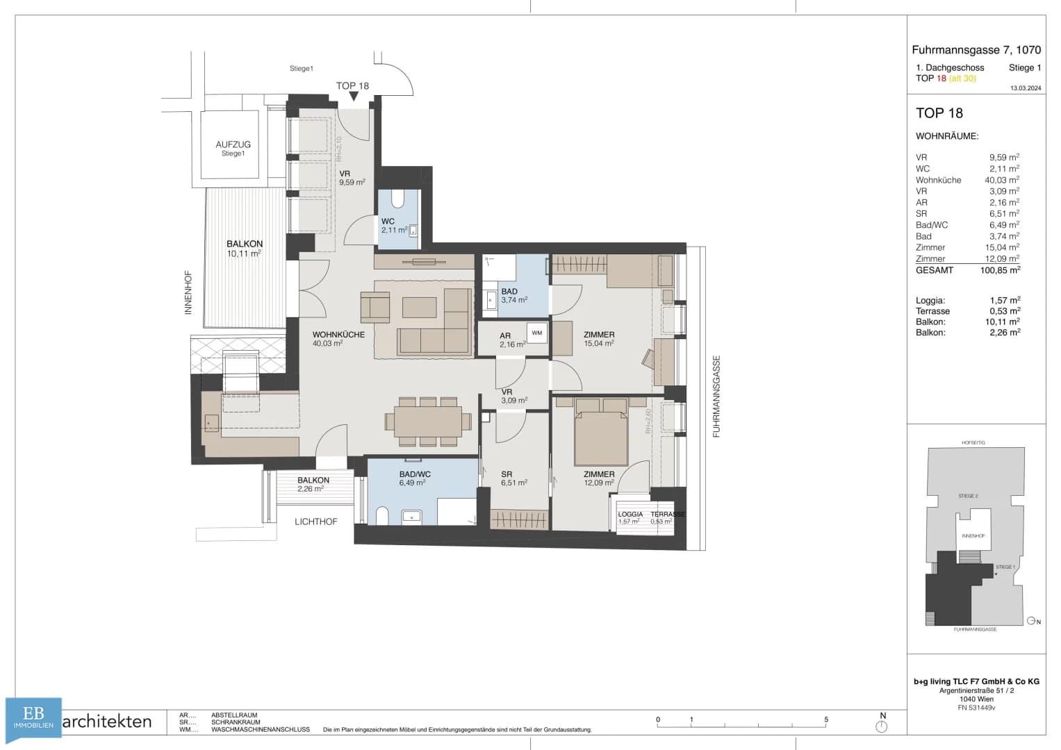Grundriss Top 18 — Fuhrmannsgasse 7 — 3 Zimmer — 100,9 m² — 1st attic floor — Grundriss 2/2