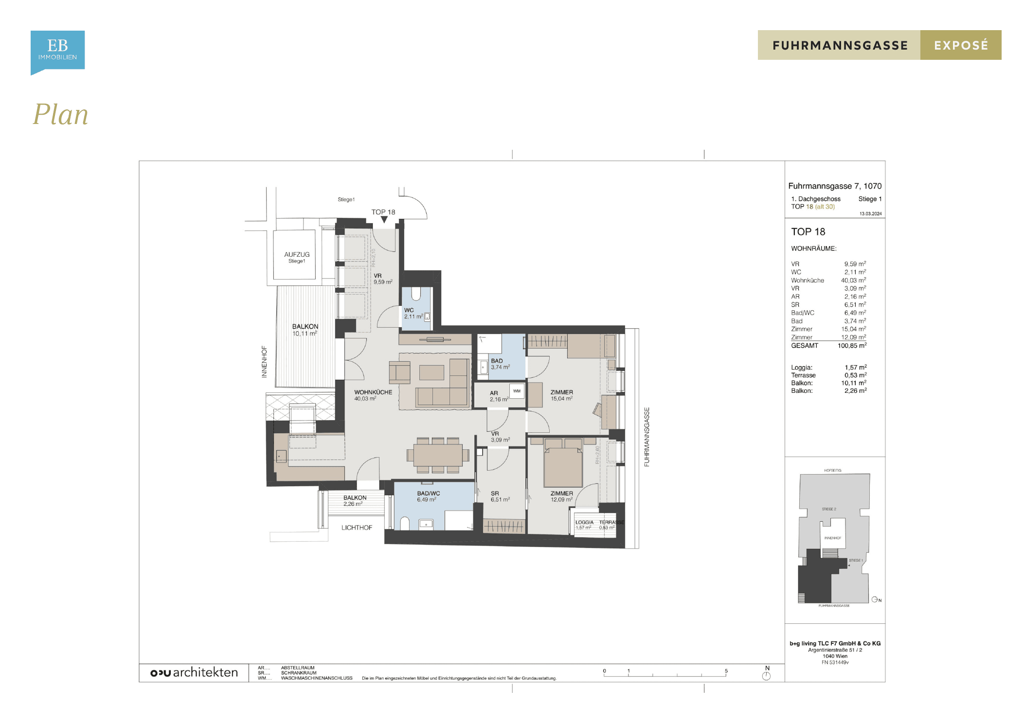 Grundriss Top 18 — Fuhrmannsgasse 7 — 3 Zimmer — 100,9 m² — 1st attic floor — Grundriss 1/2