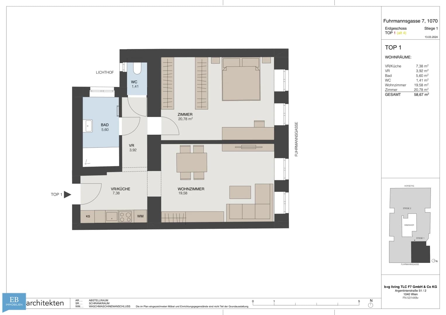 Grundriss Top 1 — Fuhrmannsgasse 7 — 2 Zimmer — 58,7 m² — Ground floor — Grundriss 2/2