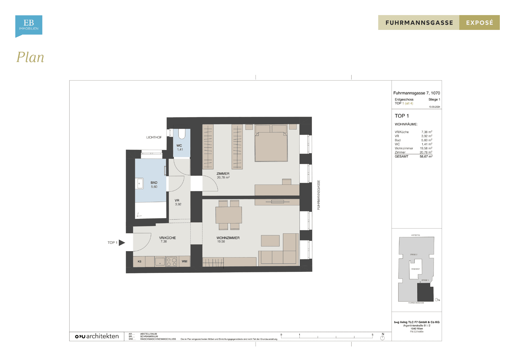 Grundriss Top 1 — Fuhrmannsgasse 7 — 2 Zimmer — 58,7 m² — Ground floor — Grundriss 1/2