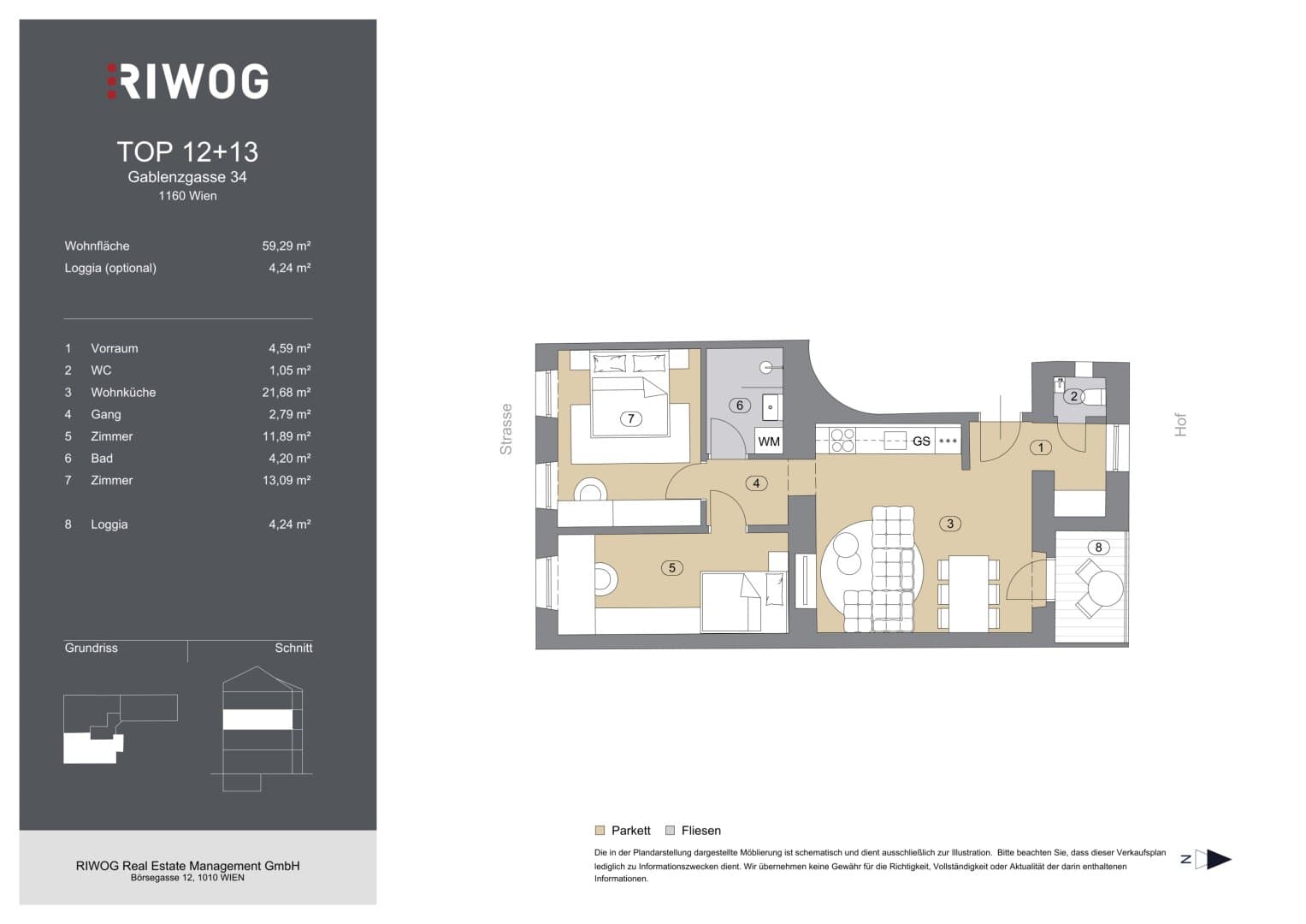 Grundriss Top 12 + 13 — Gablenzgasse 34 — 3 Zimmer — 59 m² — 2nd floor — Grundriss 4/4