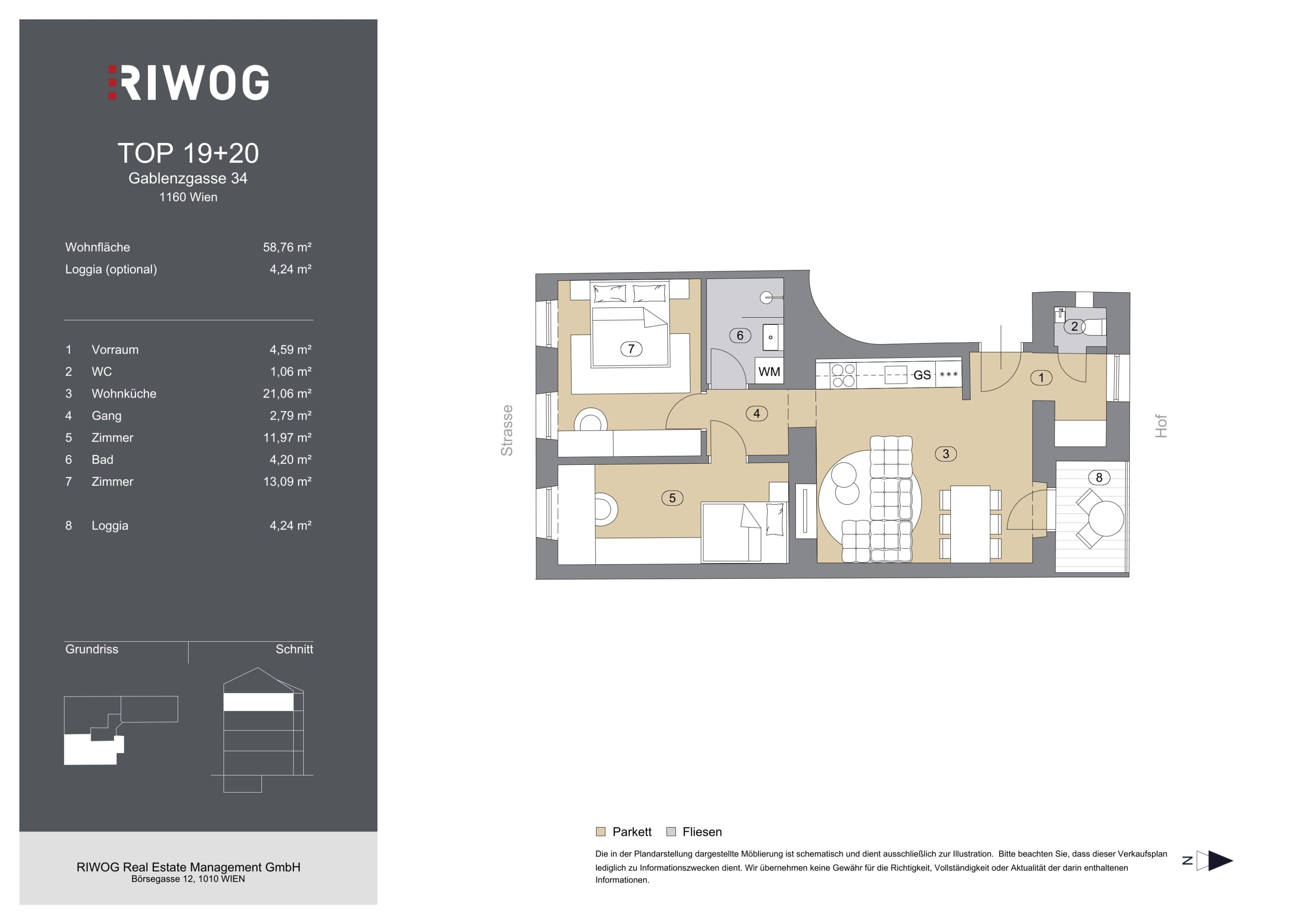 Grundriss Top 19 + 20 — Gablenzgasse 34 — 3 Zimmer — 59 m² — 3rd floor — Grundriss 2/3