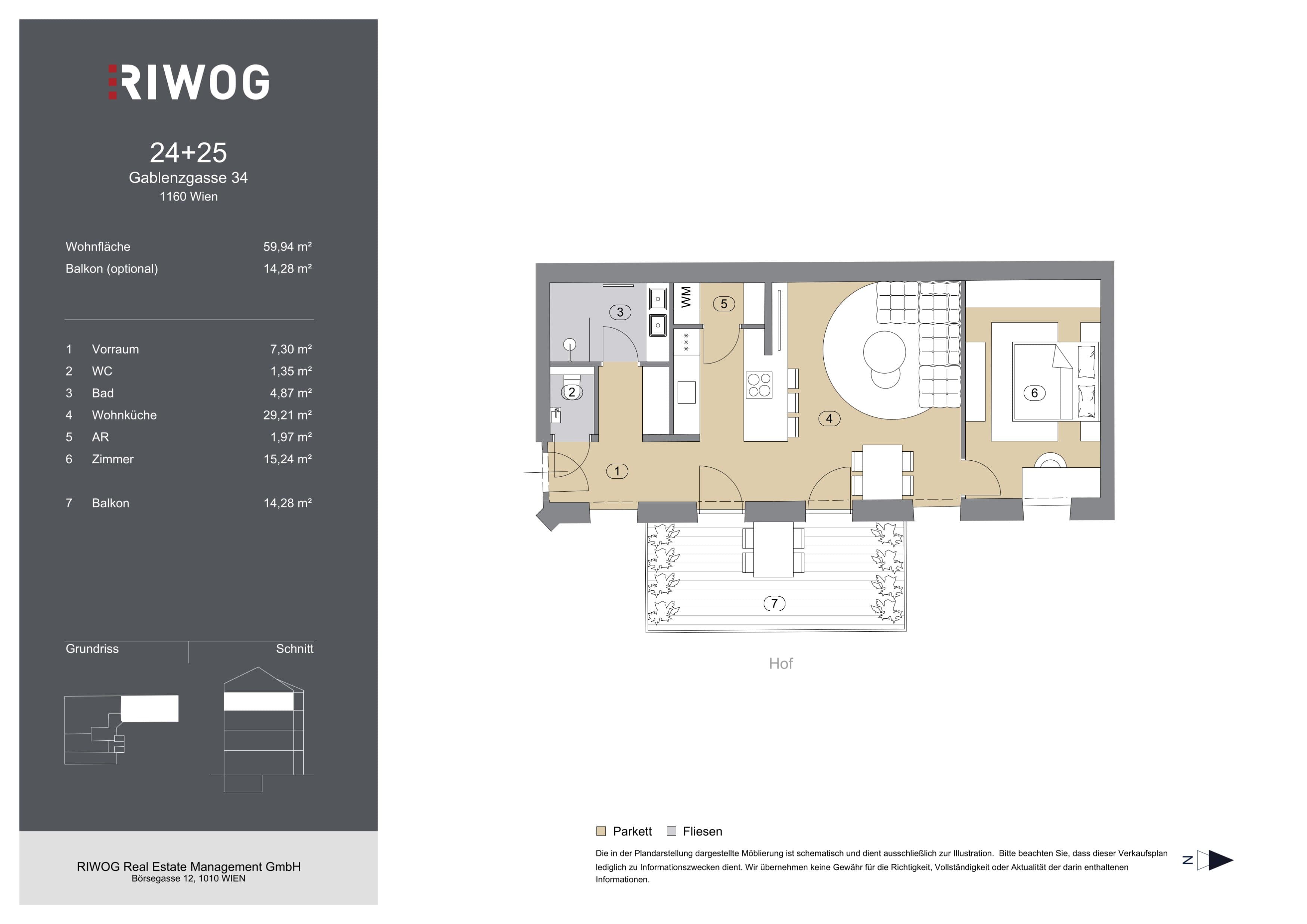 Grundriss Top 24 + 25 — Gablenzgasse 34 — 2 Zimmer — 60 m² — 3rd floor — Grundriss 3/4