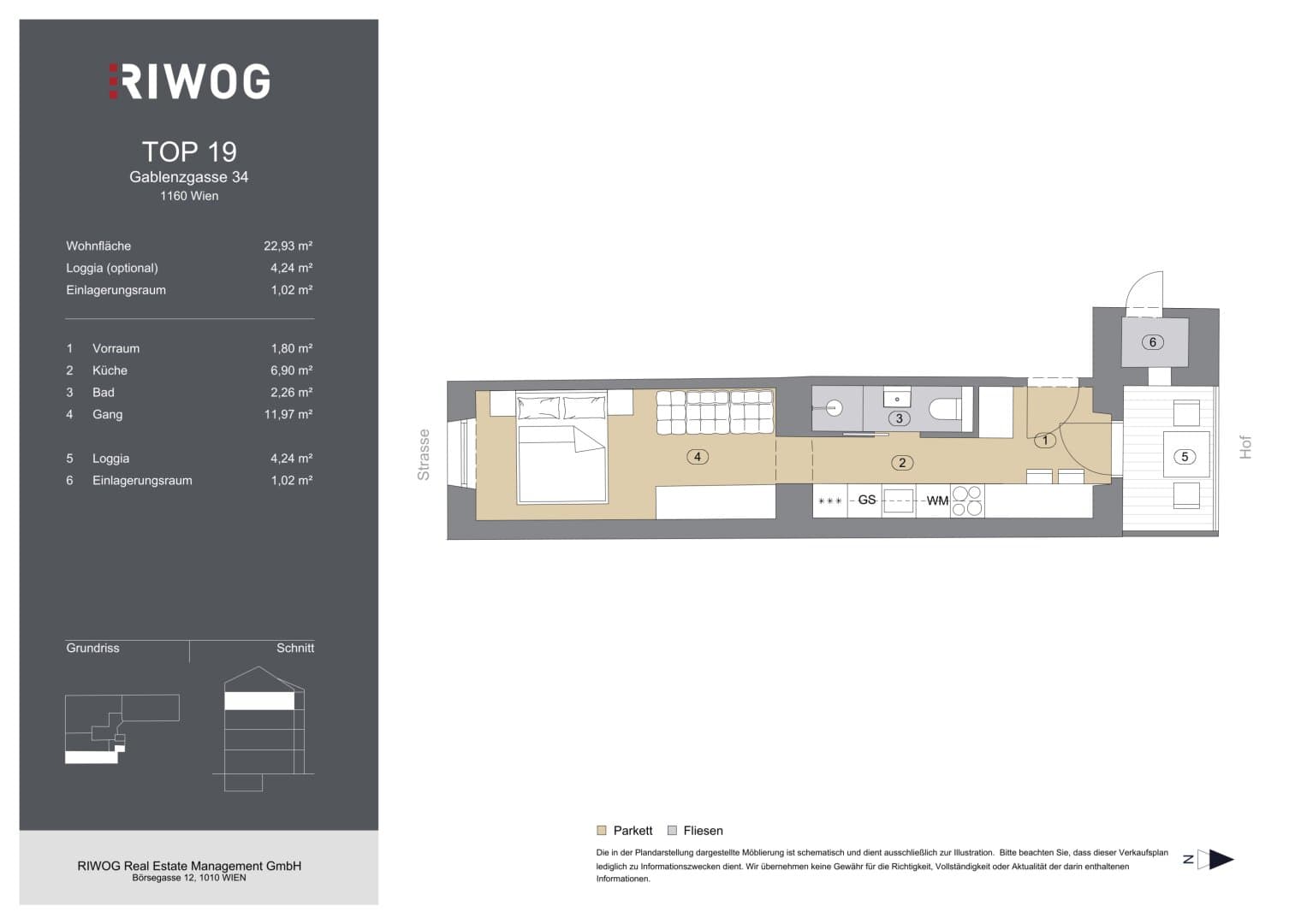 Grundriss Top 19 — Gablenzgasse 34 — 1 Zimmer — 23 m² — 3rd floor — Grundriss 4/4